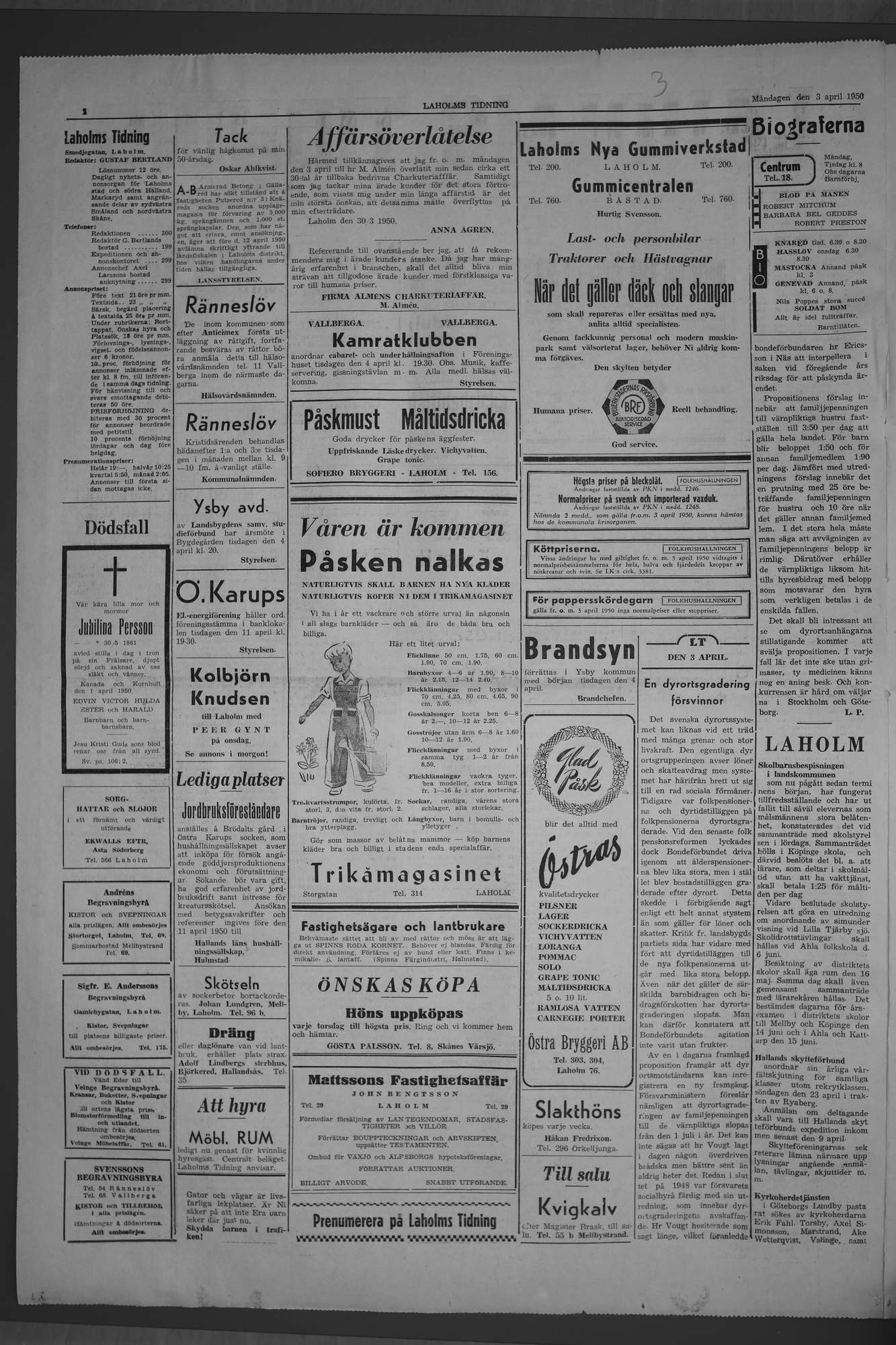 Laholms Tidning Måndag 3 april 1950, sida 2