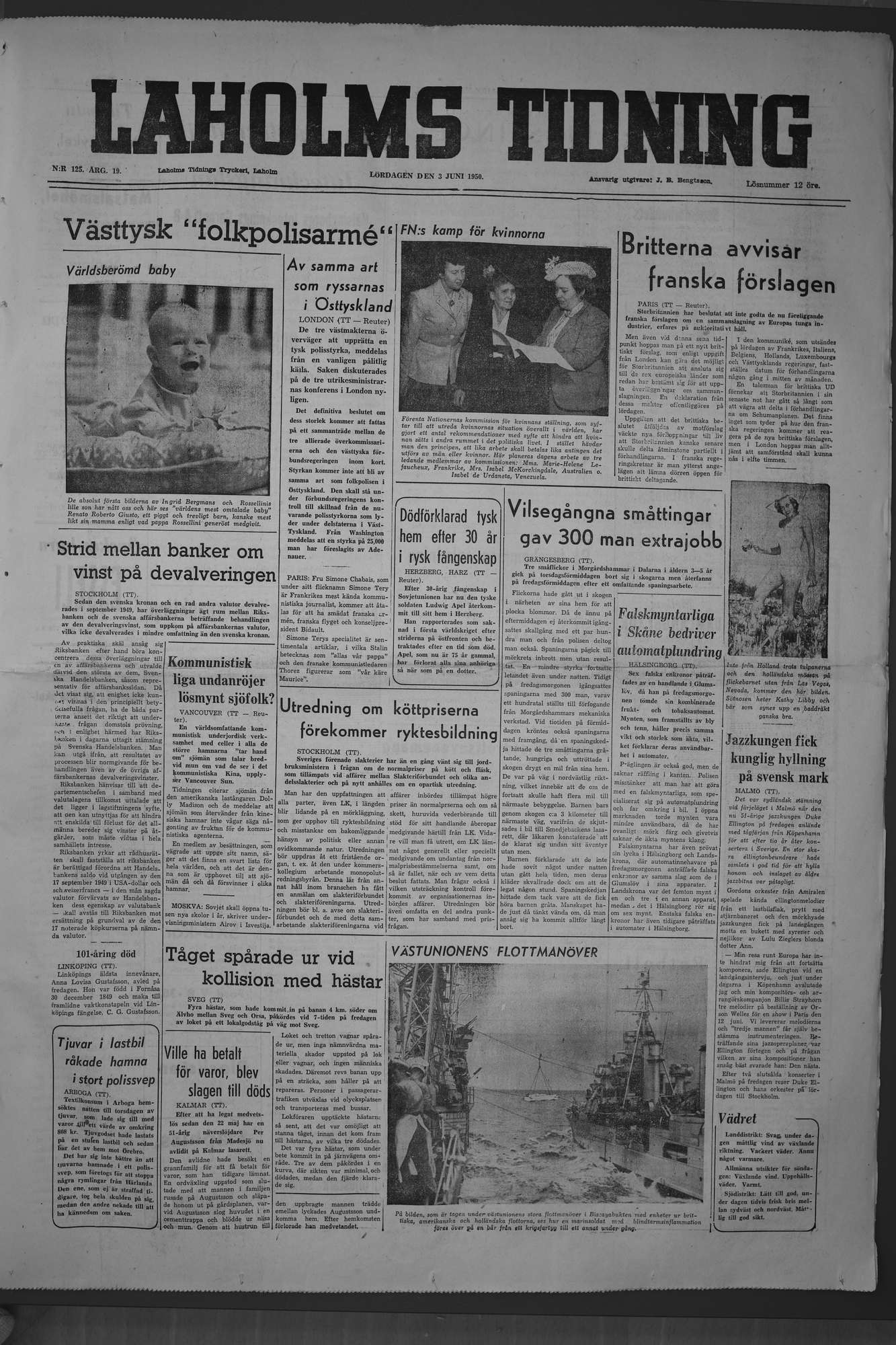 Laholms Tidning Lördag 3 juni 1950, sida 1