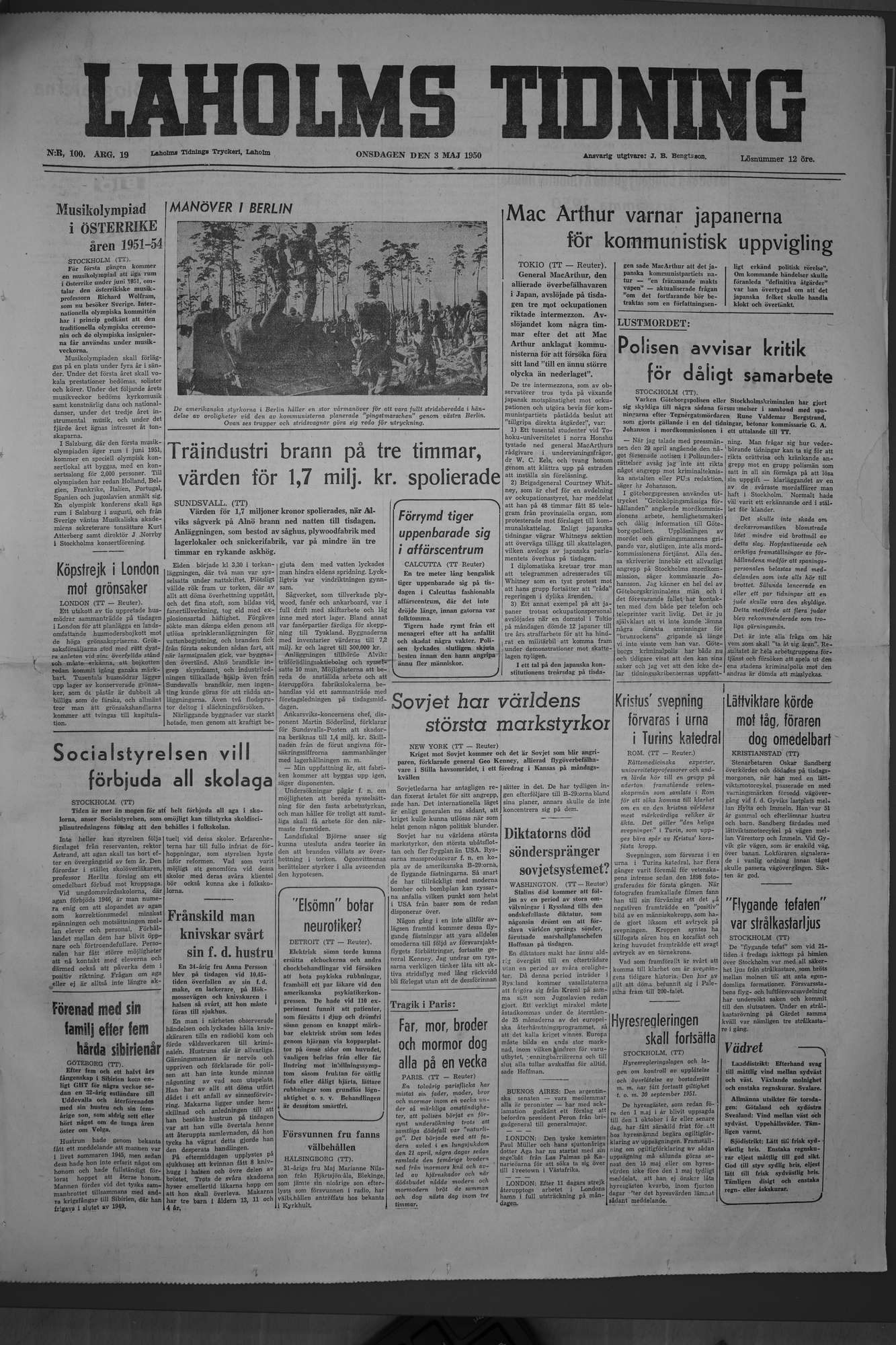 Laholms Tidning Onsdag 3 maj 1950, sida 1