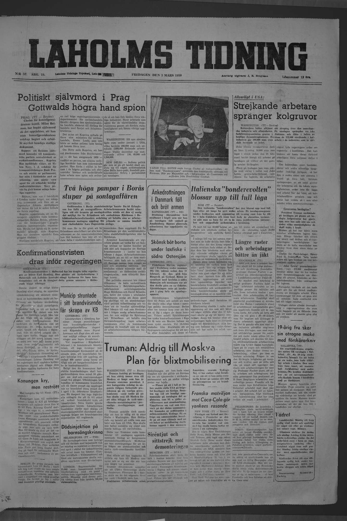 Laholms Tidning Fredag 3 mars 1950, sida 1