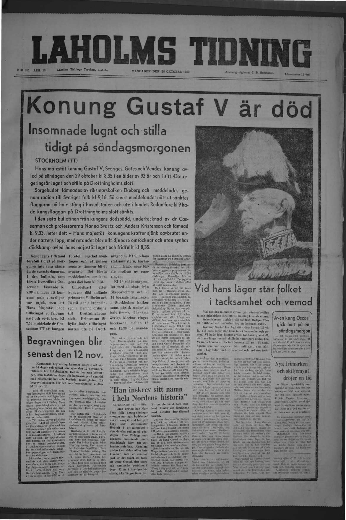 Laholms Tidning Måndag 30 oktober 1950, sida 1
