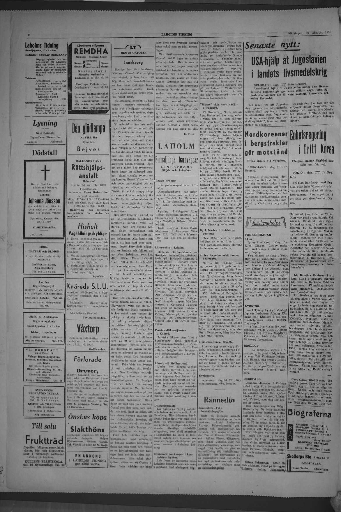 Laholms Tidning Måndag 30 oktober 1950, sida 2