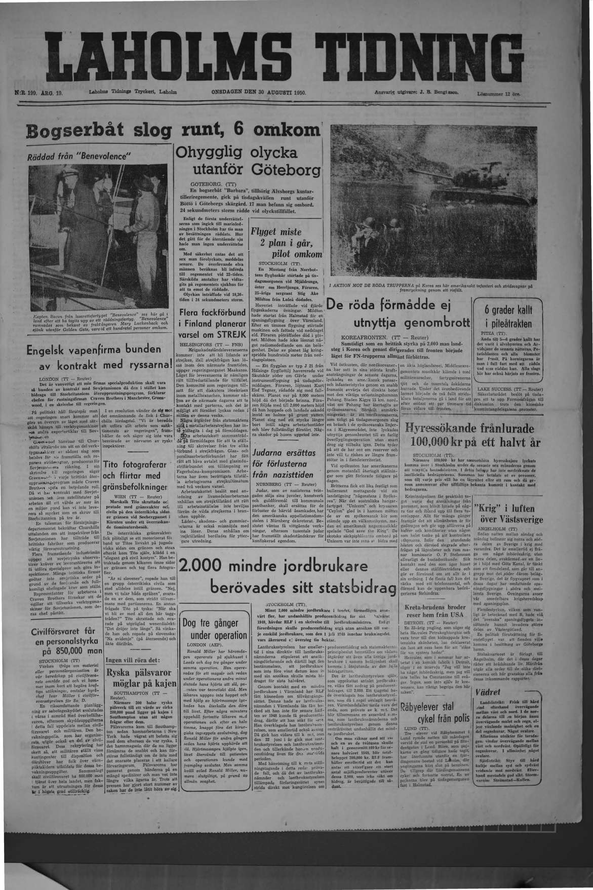 Laholms Tidning Onsdag 30 augusti 1950, sida 1