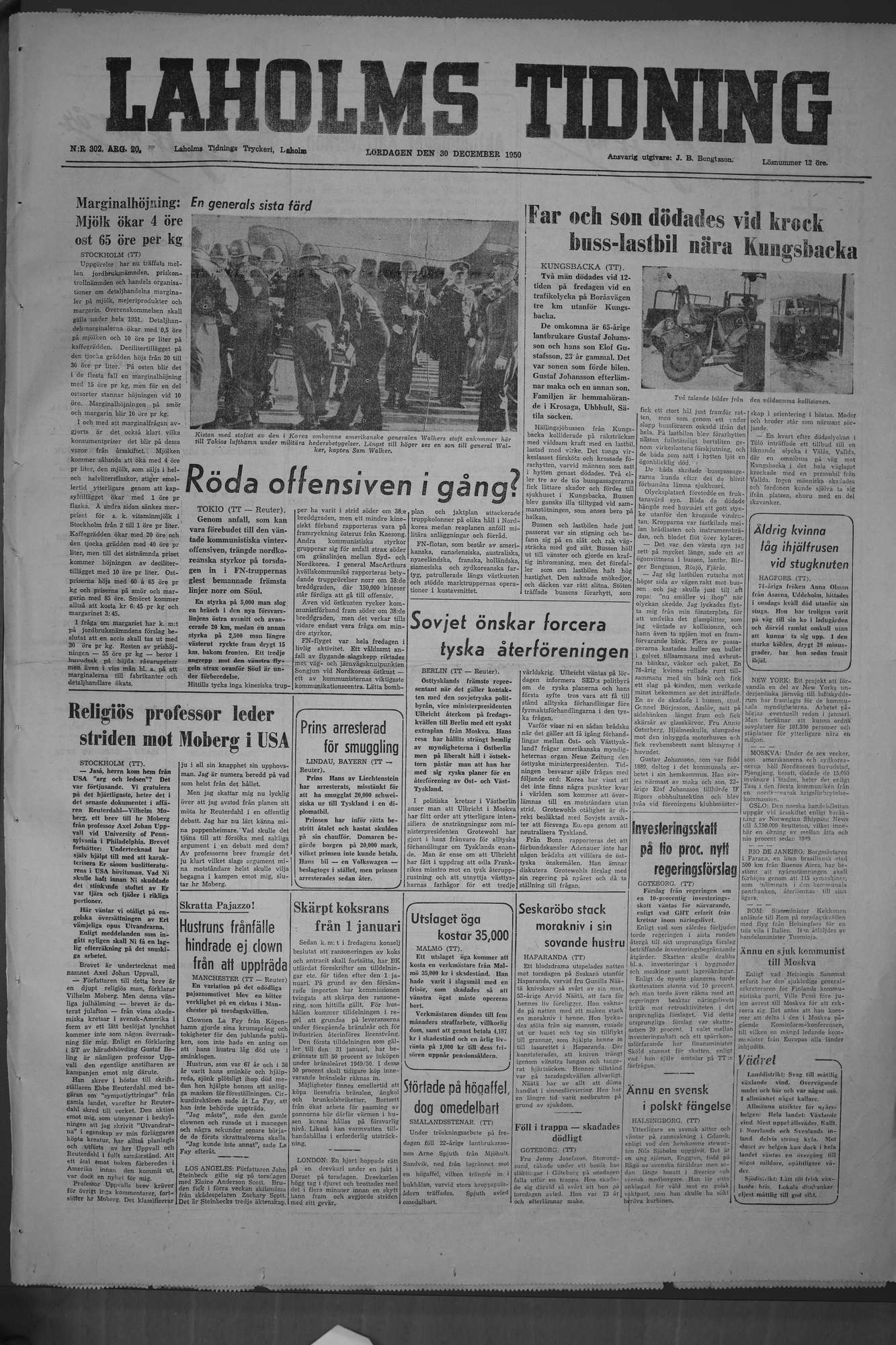 Laholms Tidning Lördag 30 december 1950, sida 1