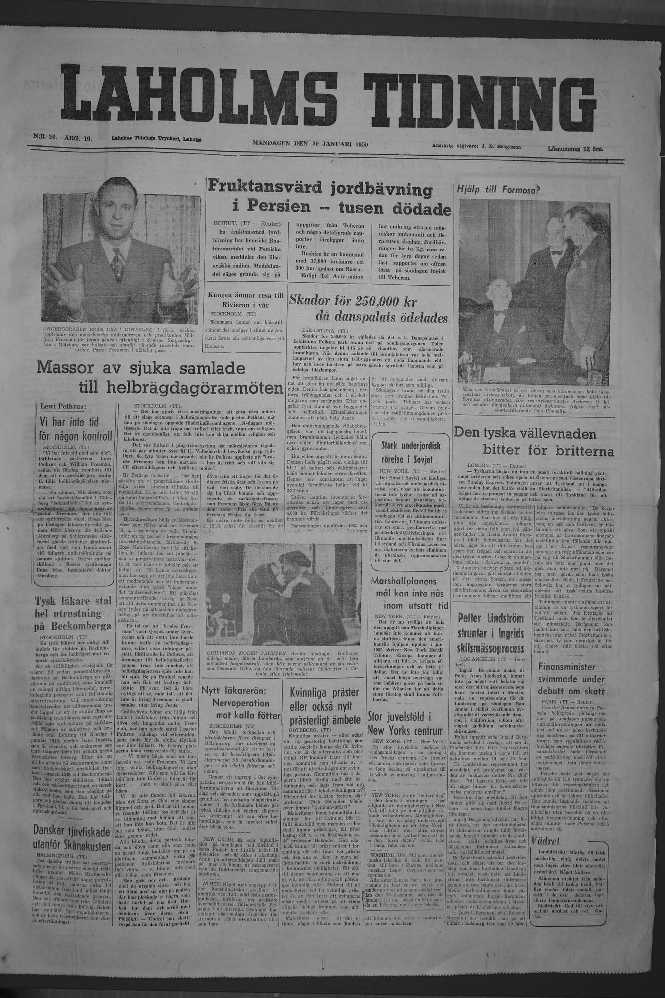 Laholms Tidning Måndag 30 januari 1950, sida 1