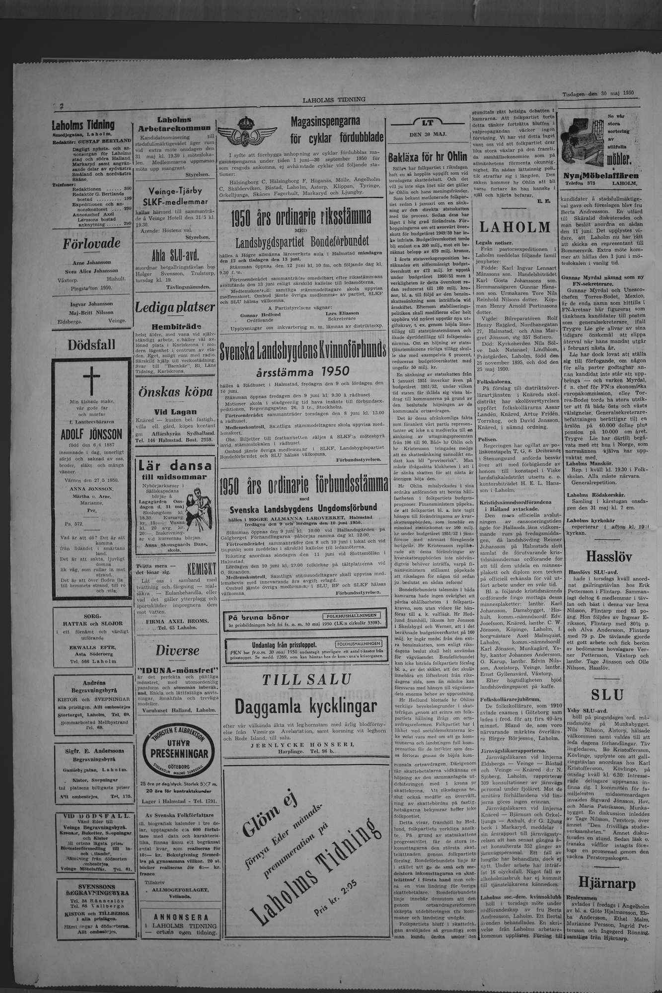 Laholms Tidning Tisdag 30 maj 1950, sida 2