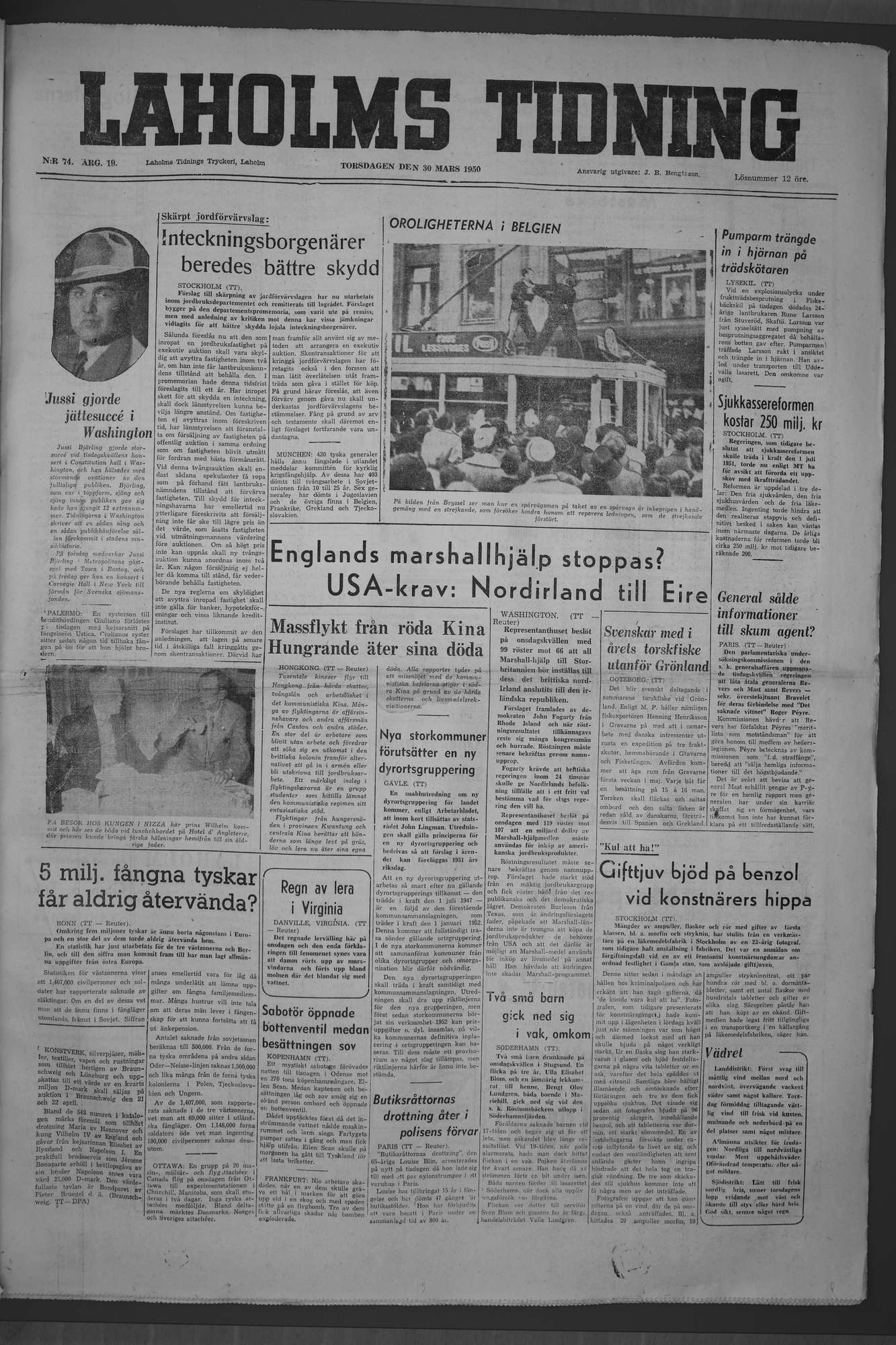Laholms Tidning Torsdag 30 mars 1950, sida 1
