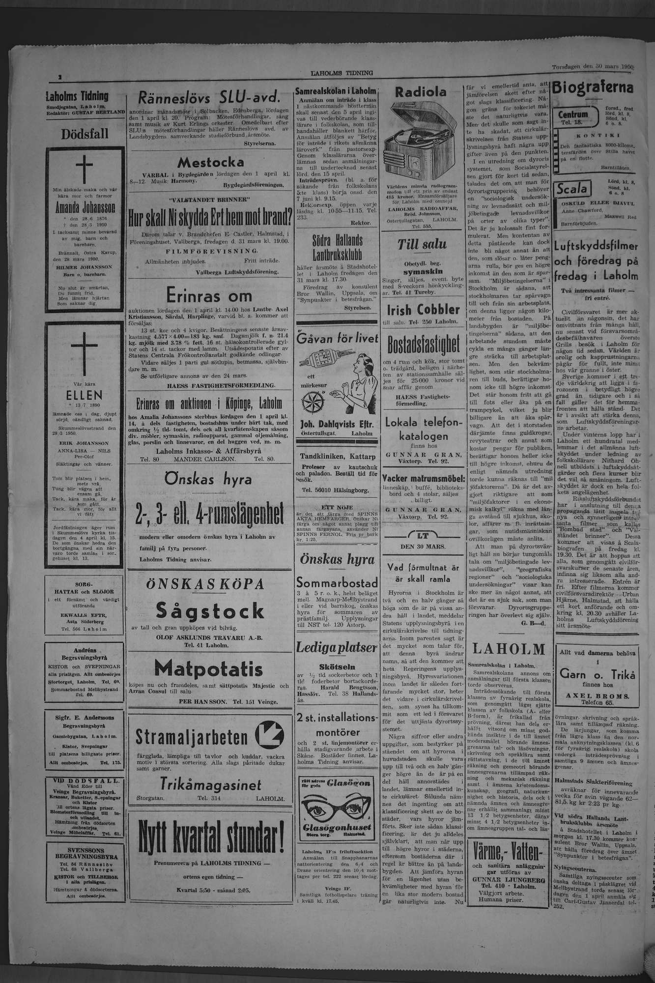 Laholms Tidning Torsdag 30 mars 1950, sida 2