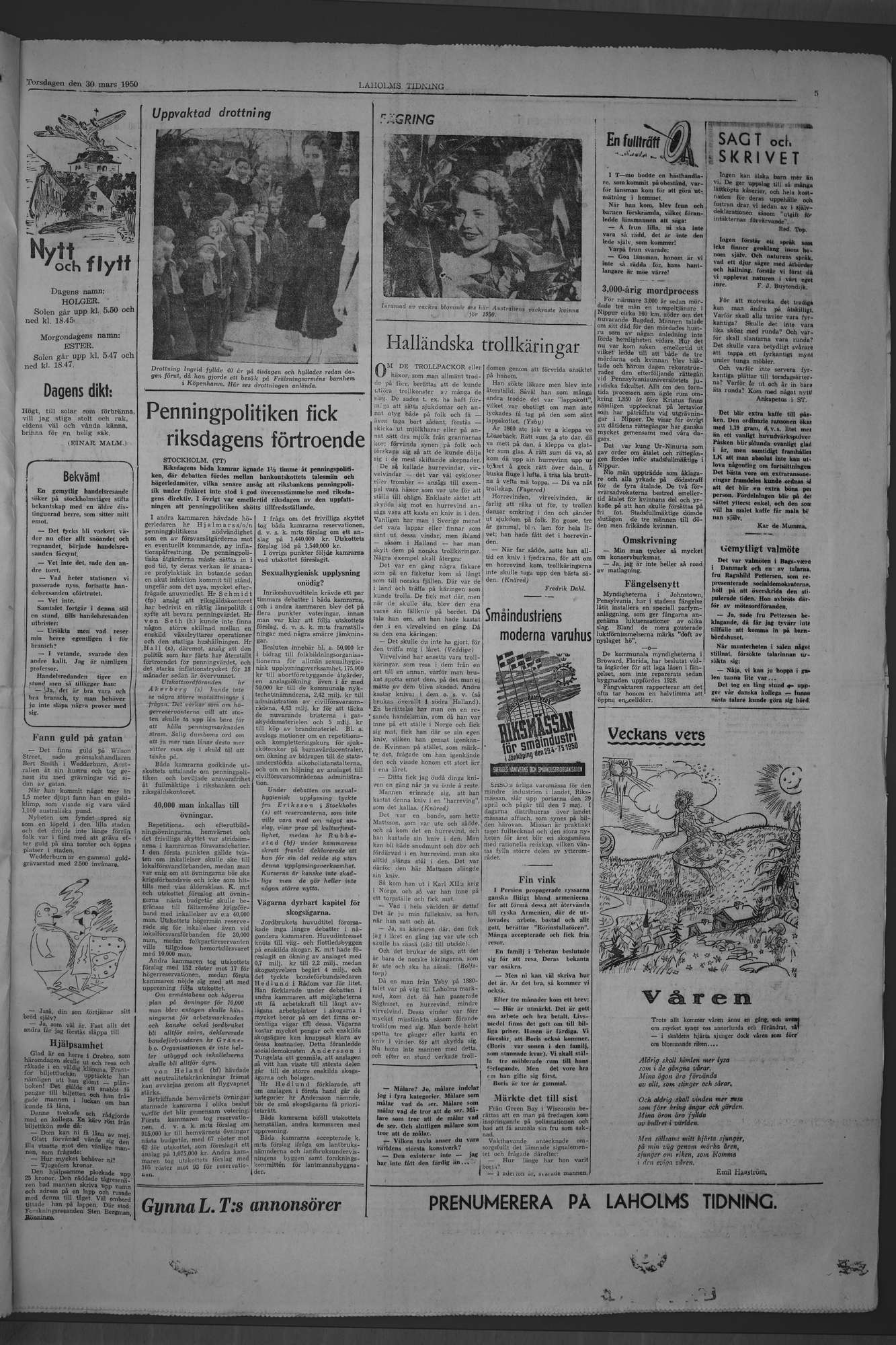 Laholms Tidning Torsdag 30 mars 1950, sida 5