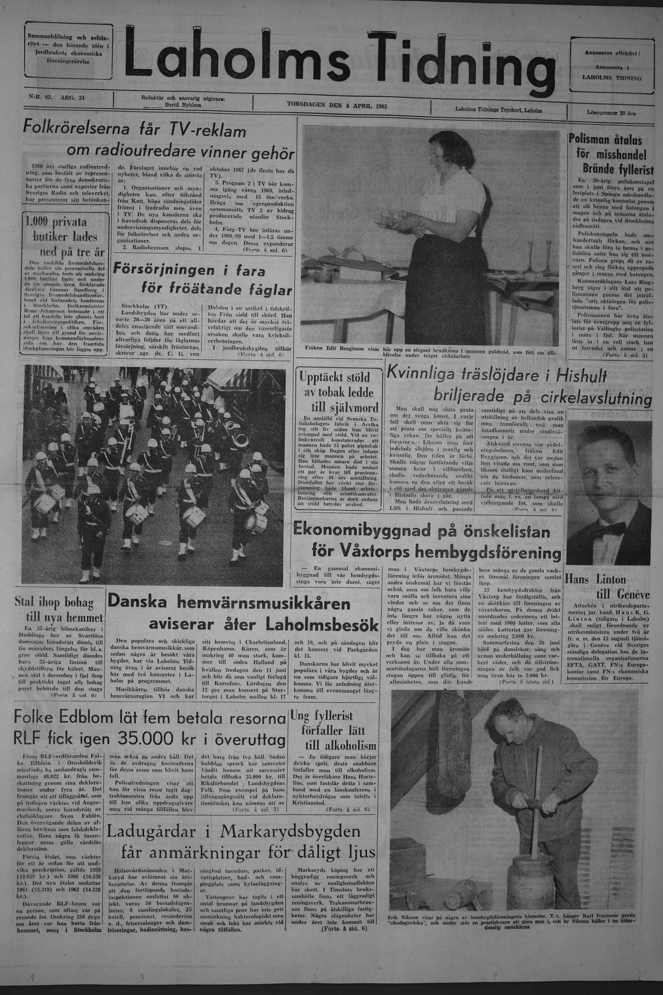 Laholms Tidning Torsdag 8 april 1965, sida 1