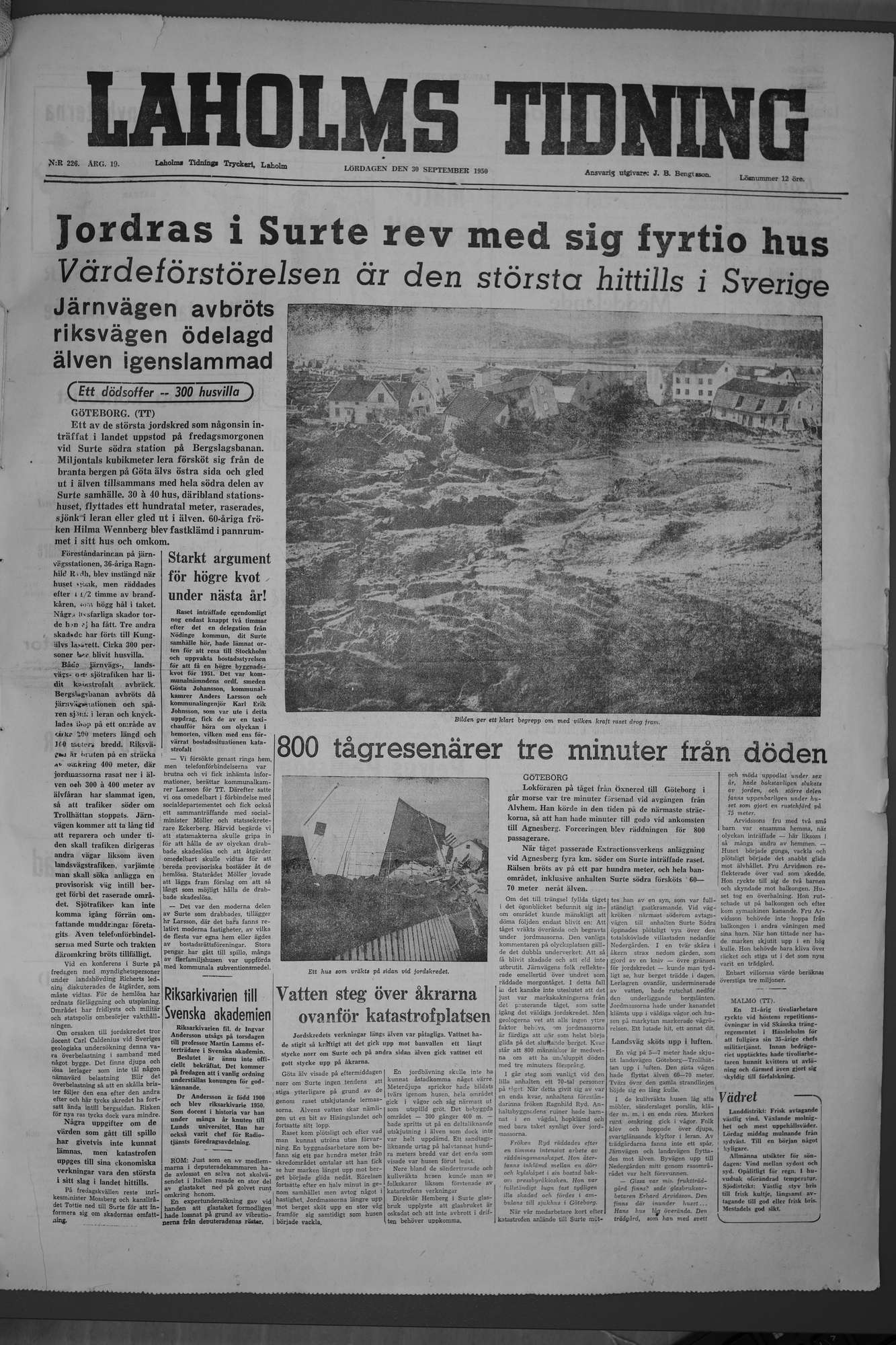 Laholms Tidning Lördag 30 september 1950, sida 1