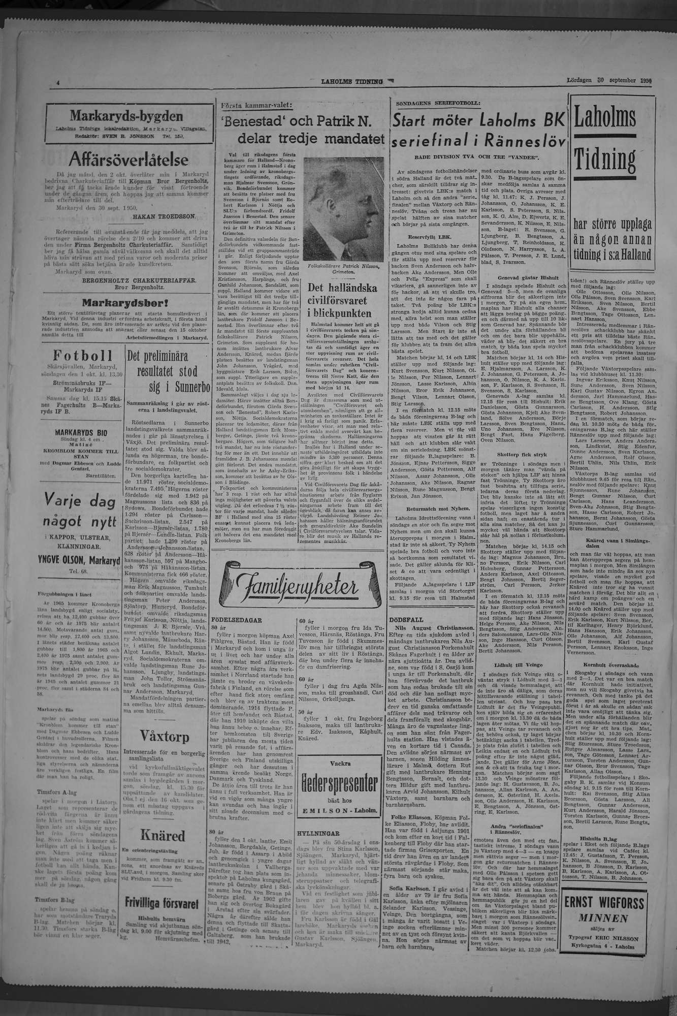 Laholms Tidning Lördag 30 september 1950, sida 4