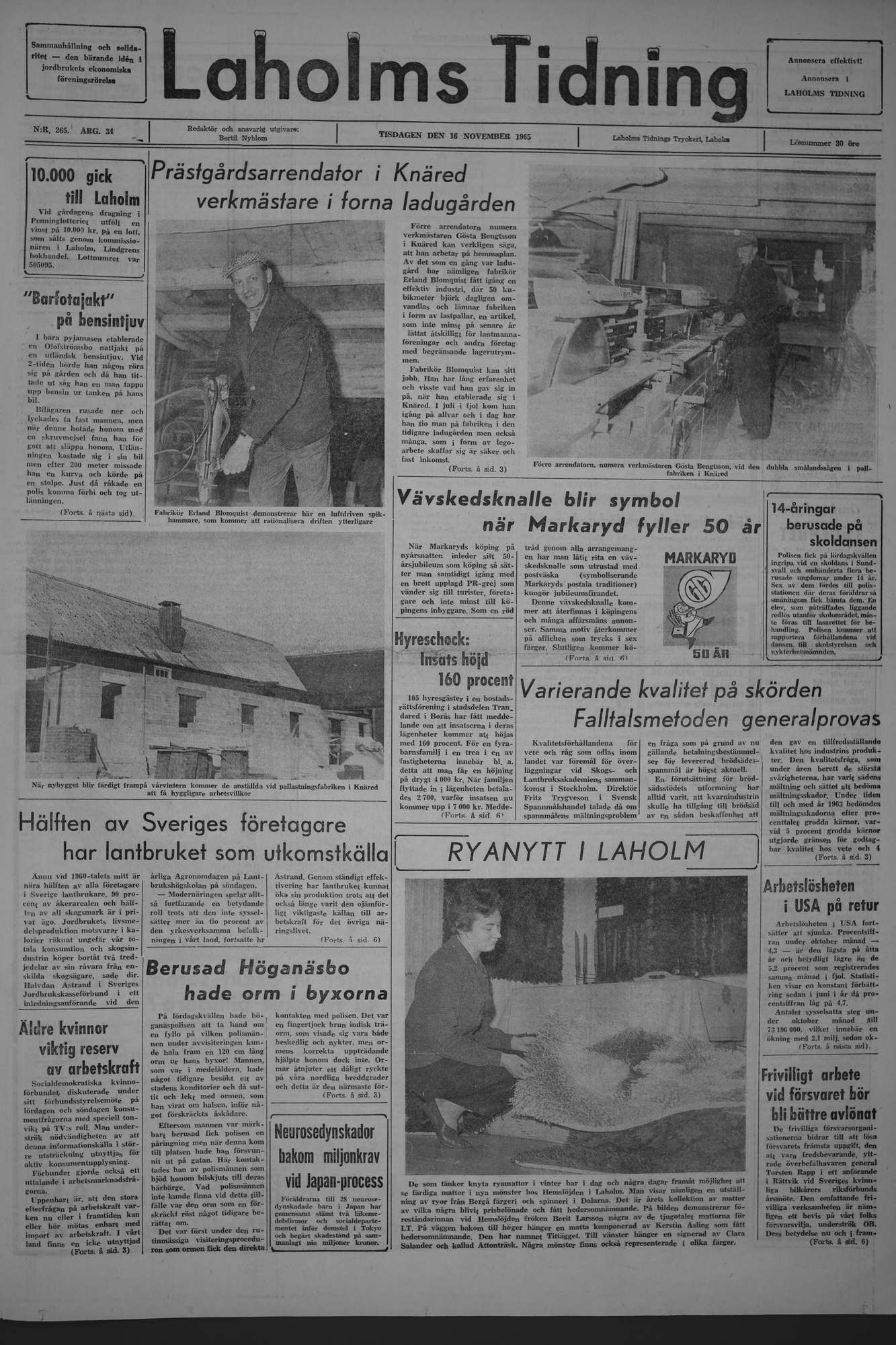 Laholms Tidning Tisdag 16 november 1965, sida 1