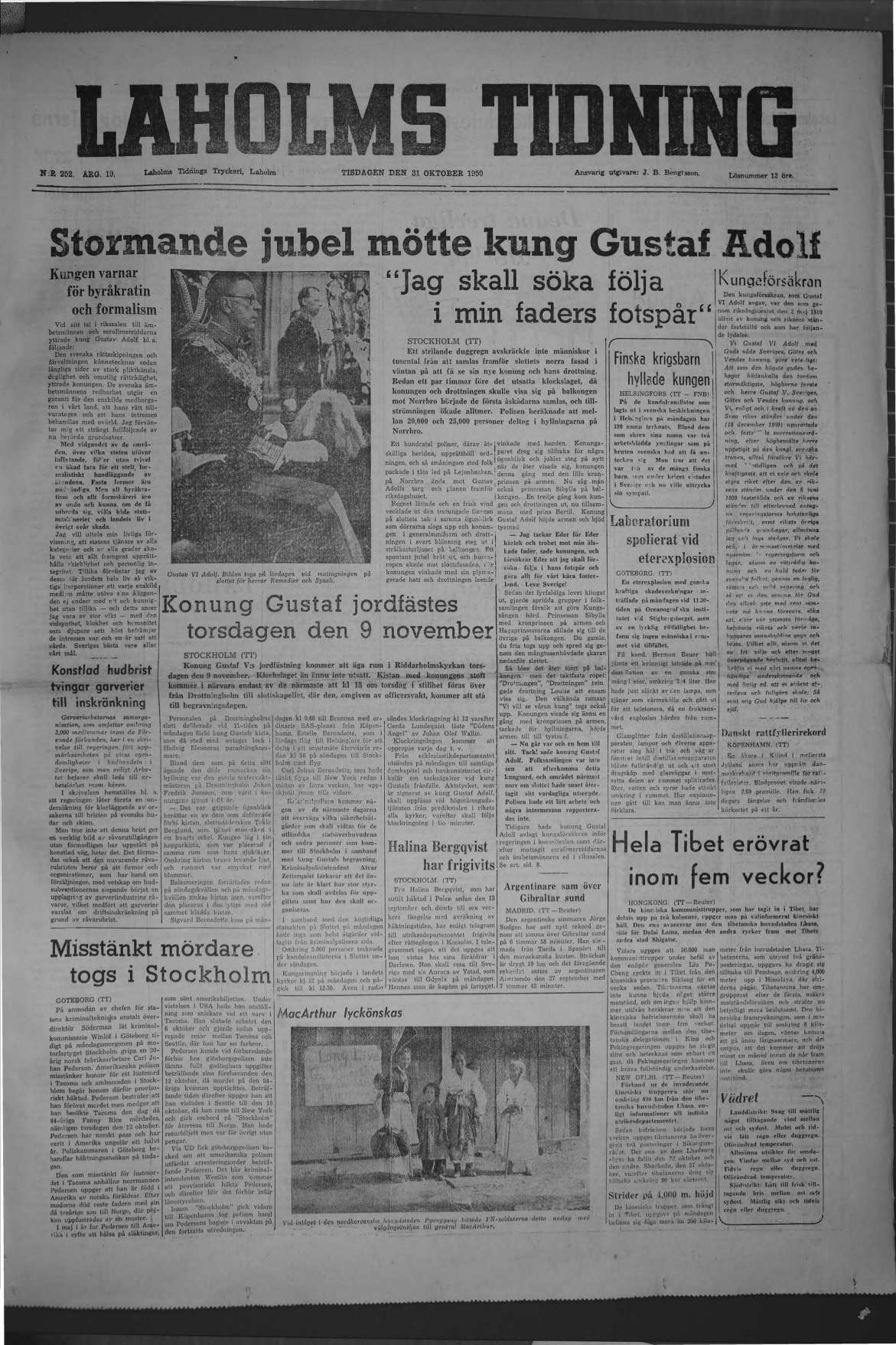 Laholms Tidning Tisdag 31 oktober 1950, sida 1