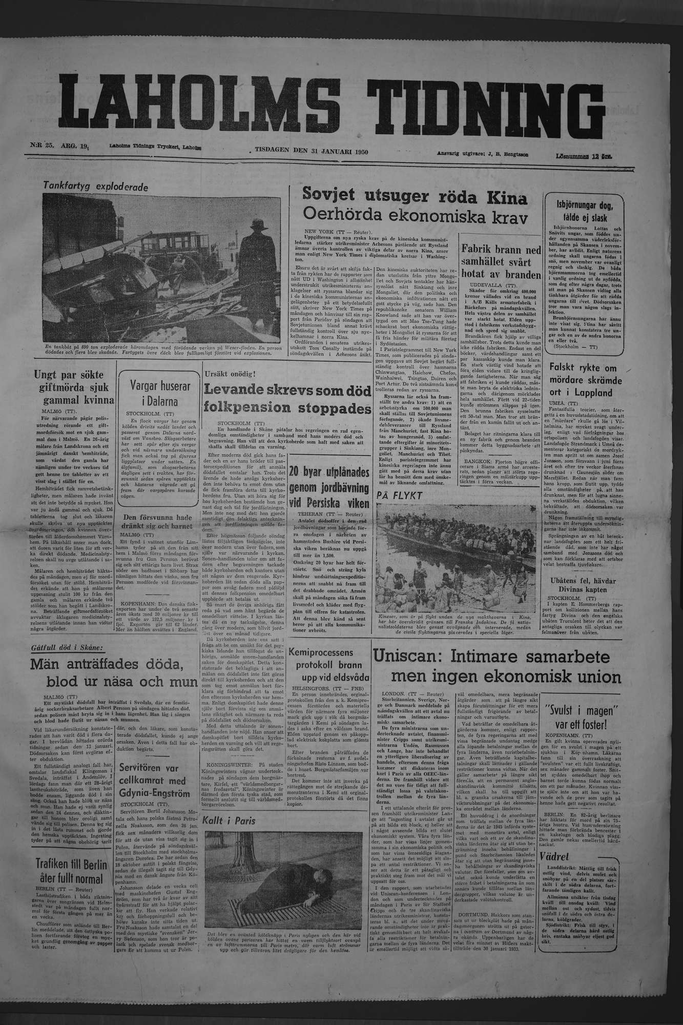 Laholms Tidning Tisdag 31 januari 1950, sida 1
