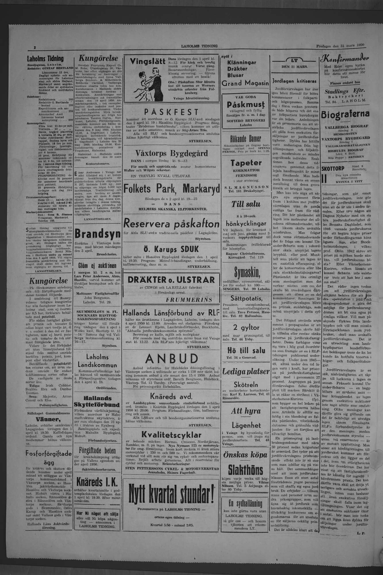 Laholms Tidning Fredag 31 mars 1950, sida 2