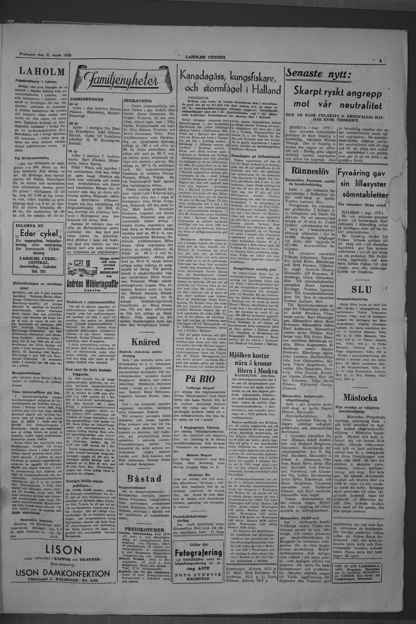 Laholms Tidning Fredag 31 mars 1950, sida 3
