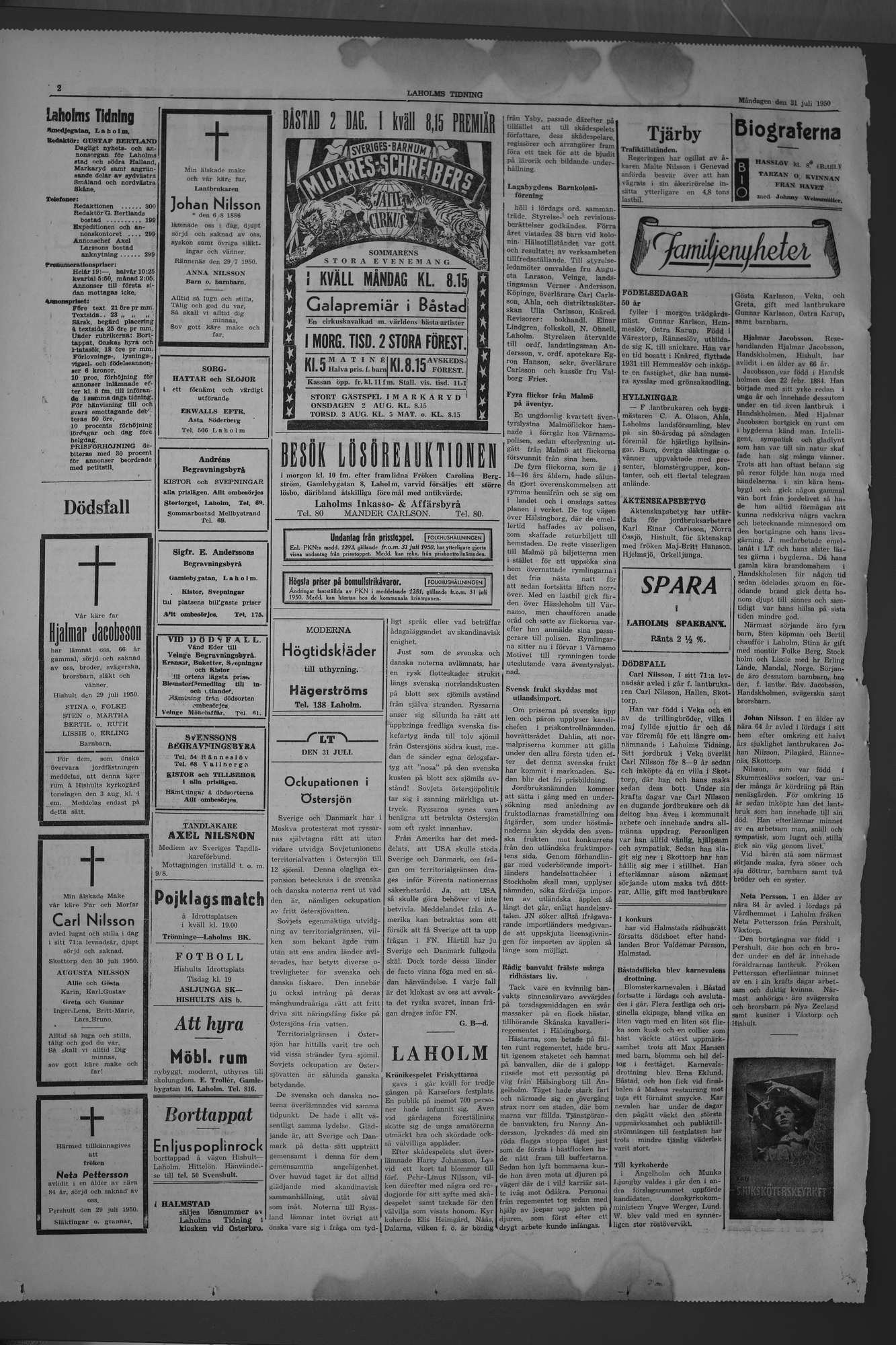Laholms Tidning Måndag 31 juli 1950, sida 2