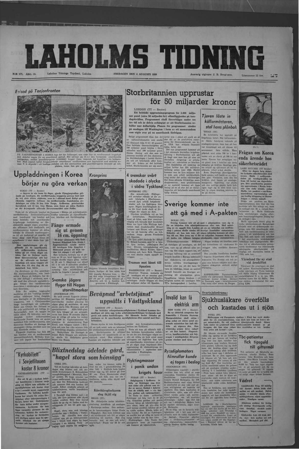 Laholms Tidning Fredag 4 augusti 1950, sida 1