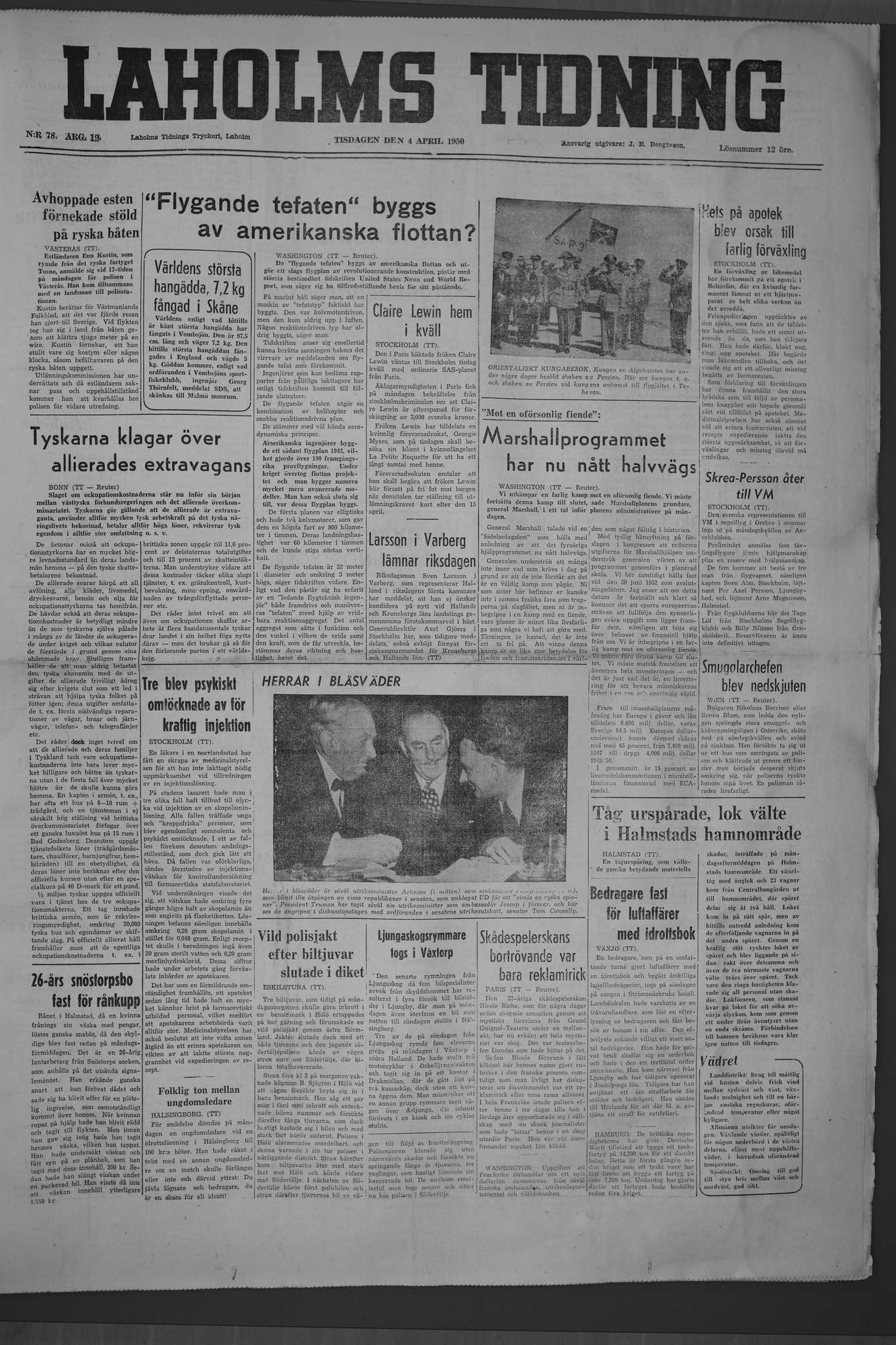 Laholms Tidning Tisdag 4 april 1950, sida 1