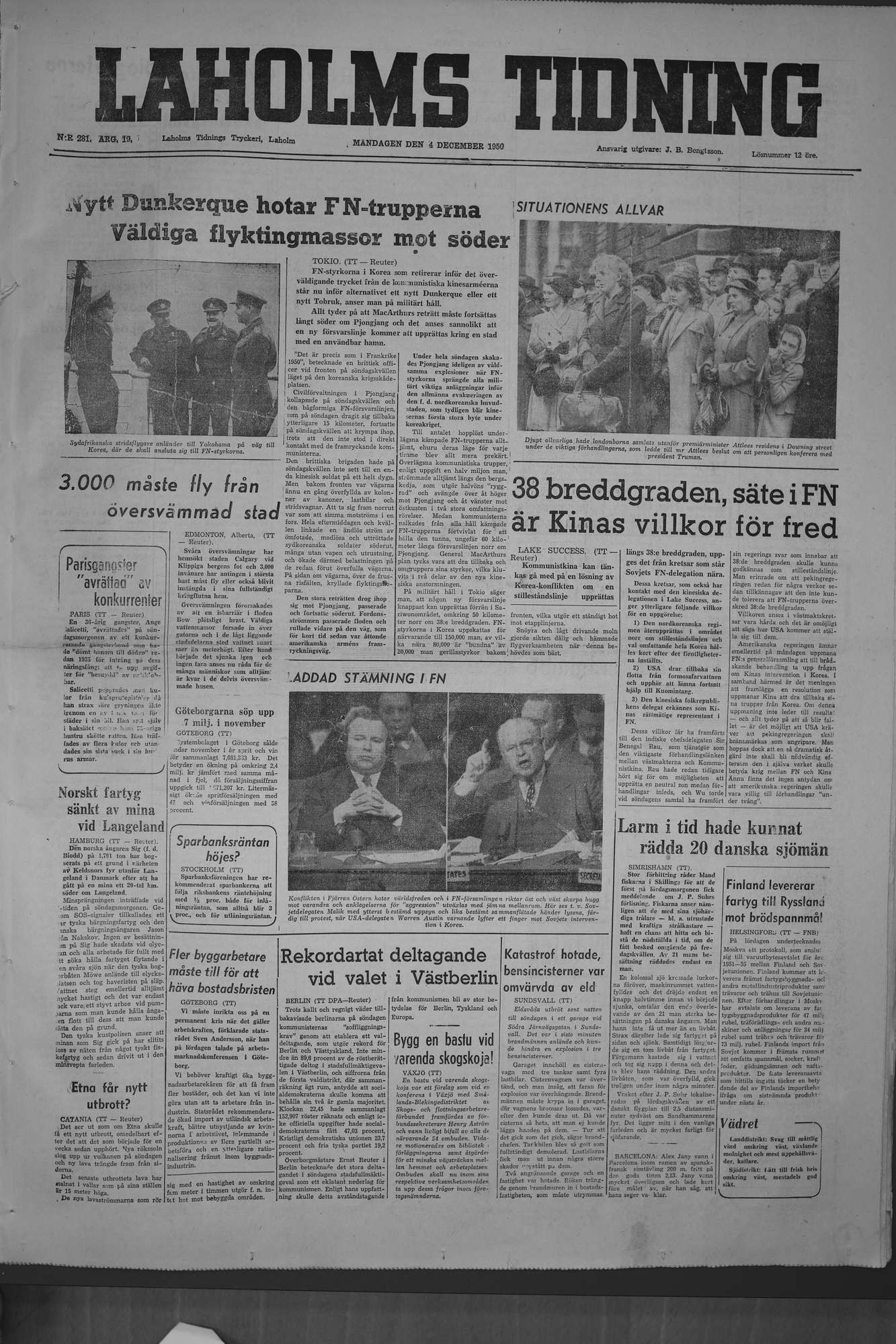 Laholms Tidning Måndag 4 december 1950, sida 1