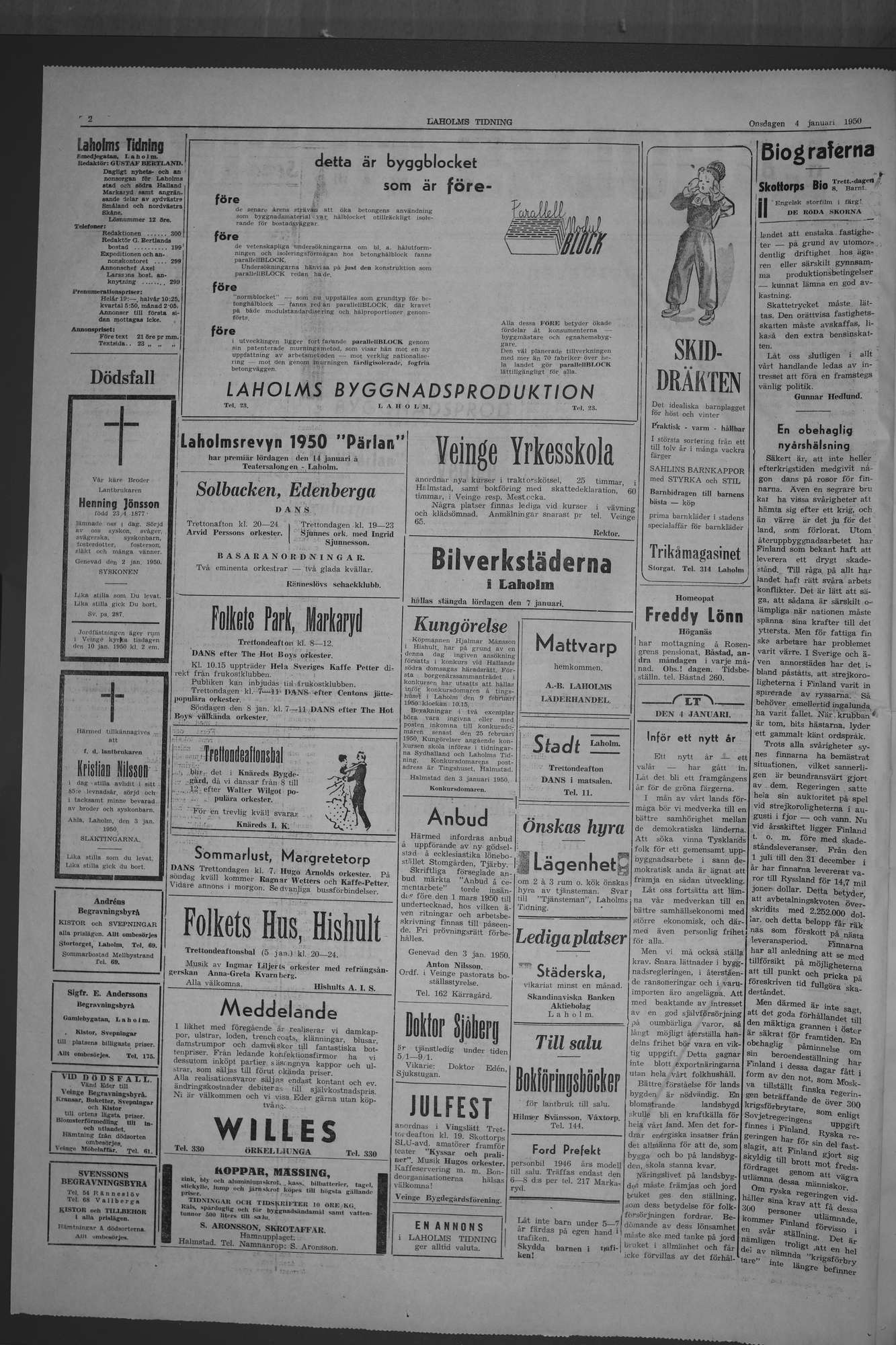 Laholms Tidning Onsdag 4 januari 1950, sida 2