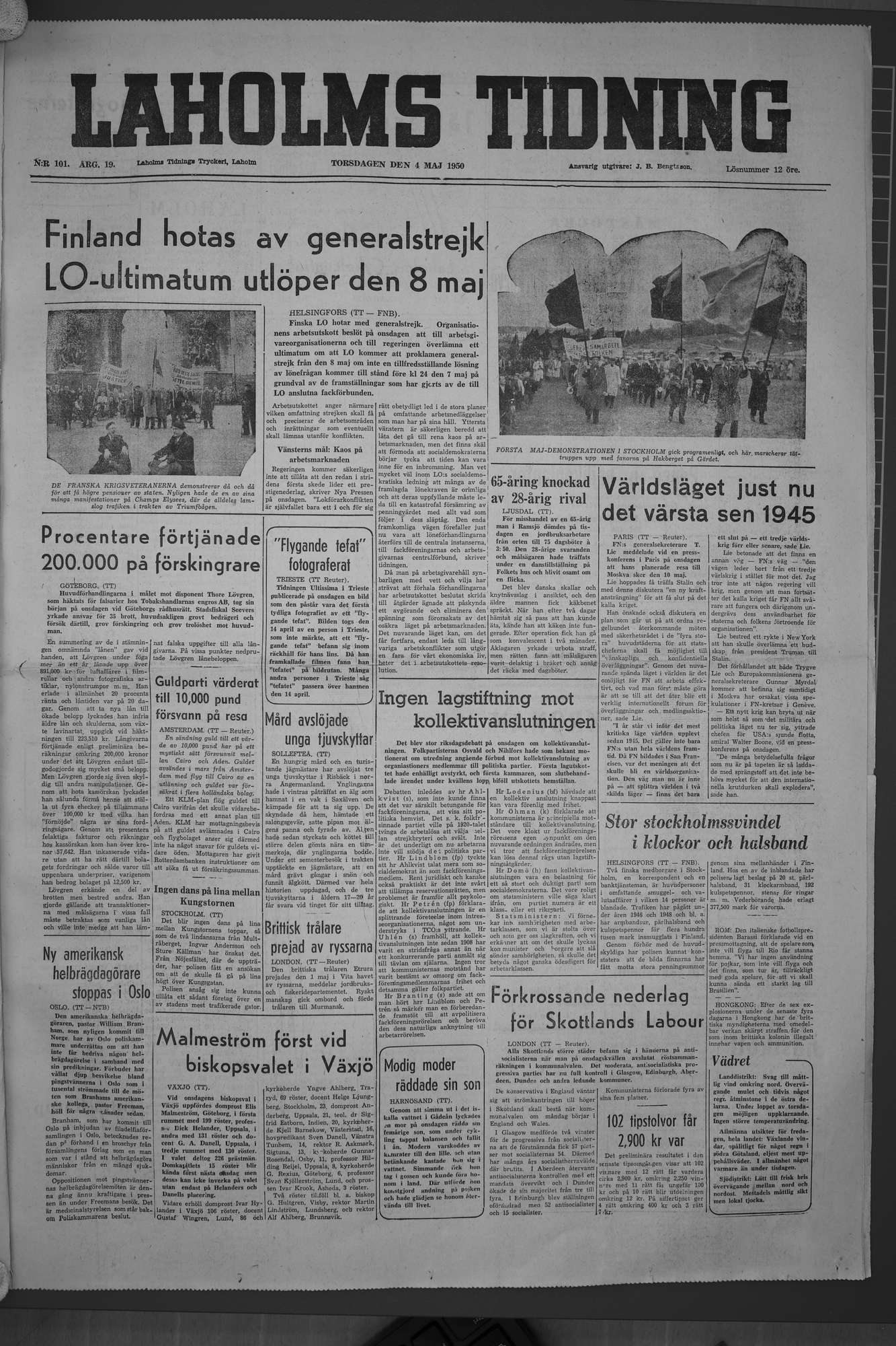 Laholms Tidning Torsdag 4 maj 1950, sida 1
