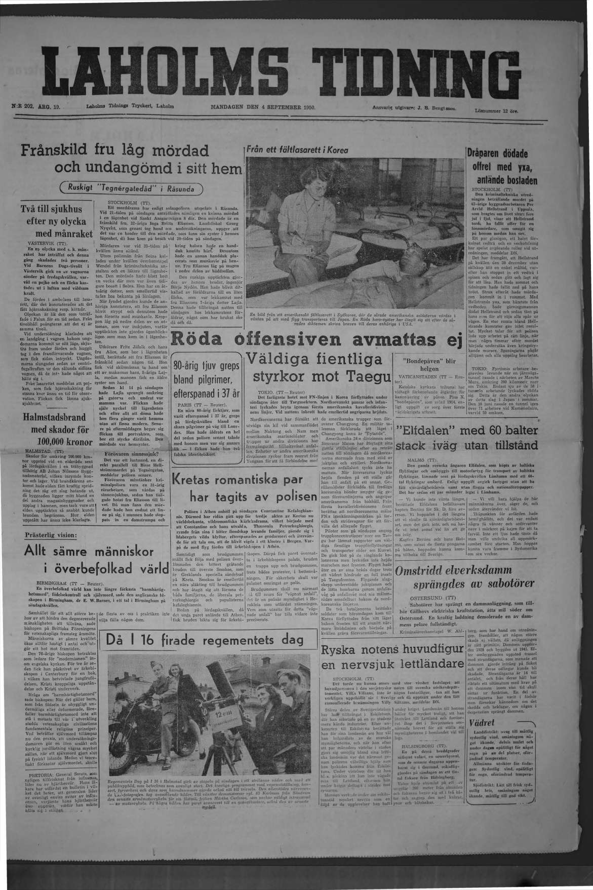 Laholms Tidning Måndag 4 september 1950, sida 1