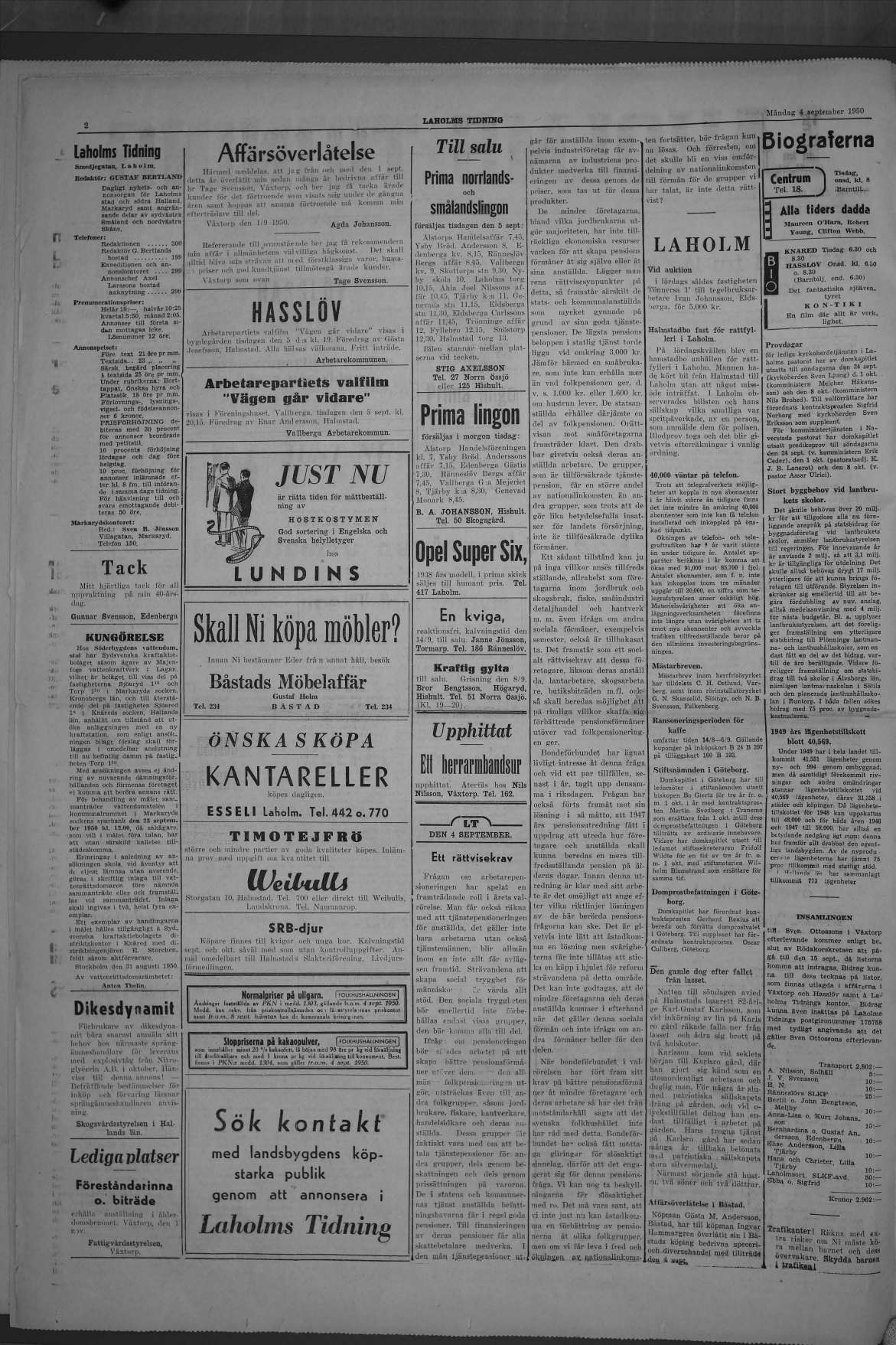 Laholms Tidning Måndag 4 september 1950, sida 2