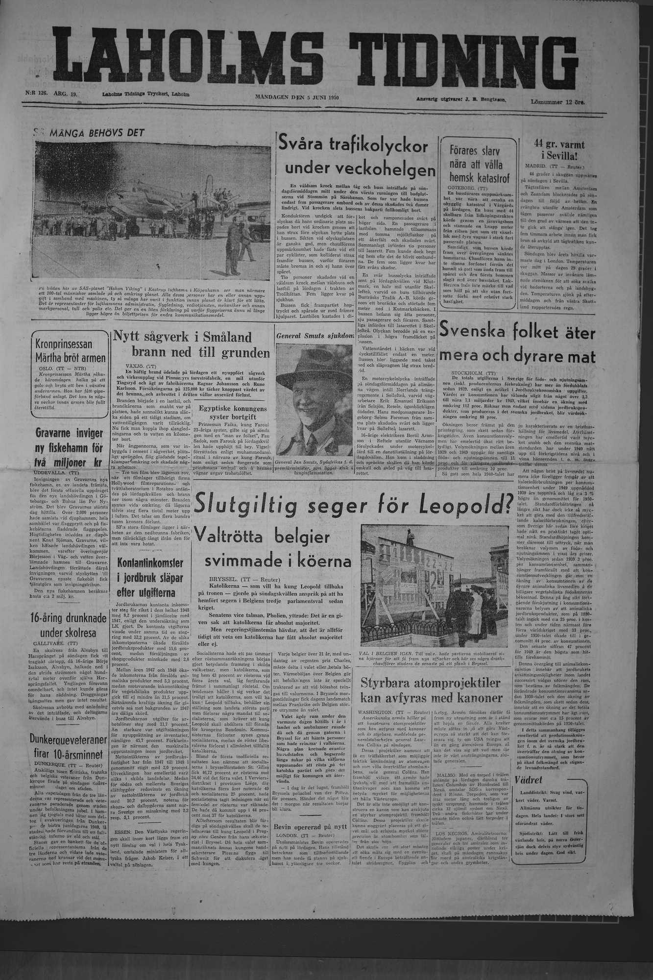 Laholms Tidning Måndag 5 juni 1950, sida 1