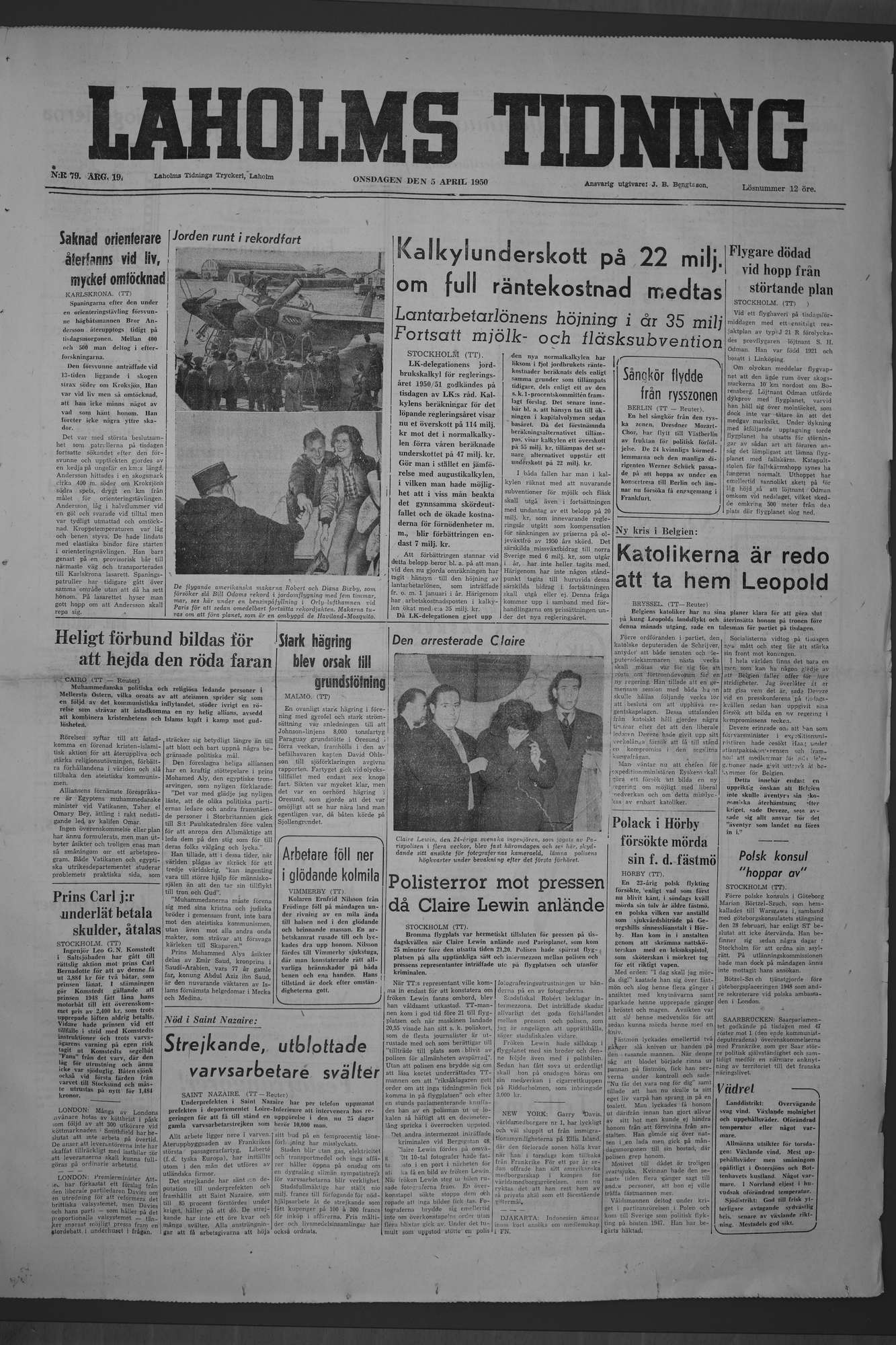Laholms Tidning Onsdag 5 april 1950, sida 1