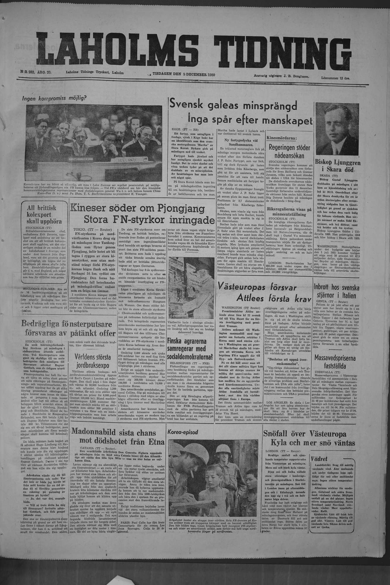 Laholms Tidning Tisdag 5 december 1950, sida 1