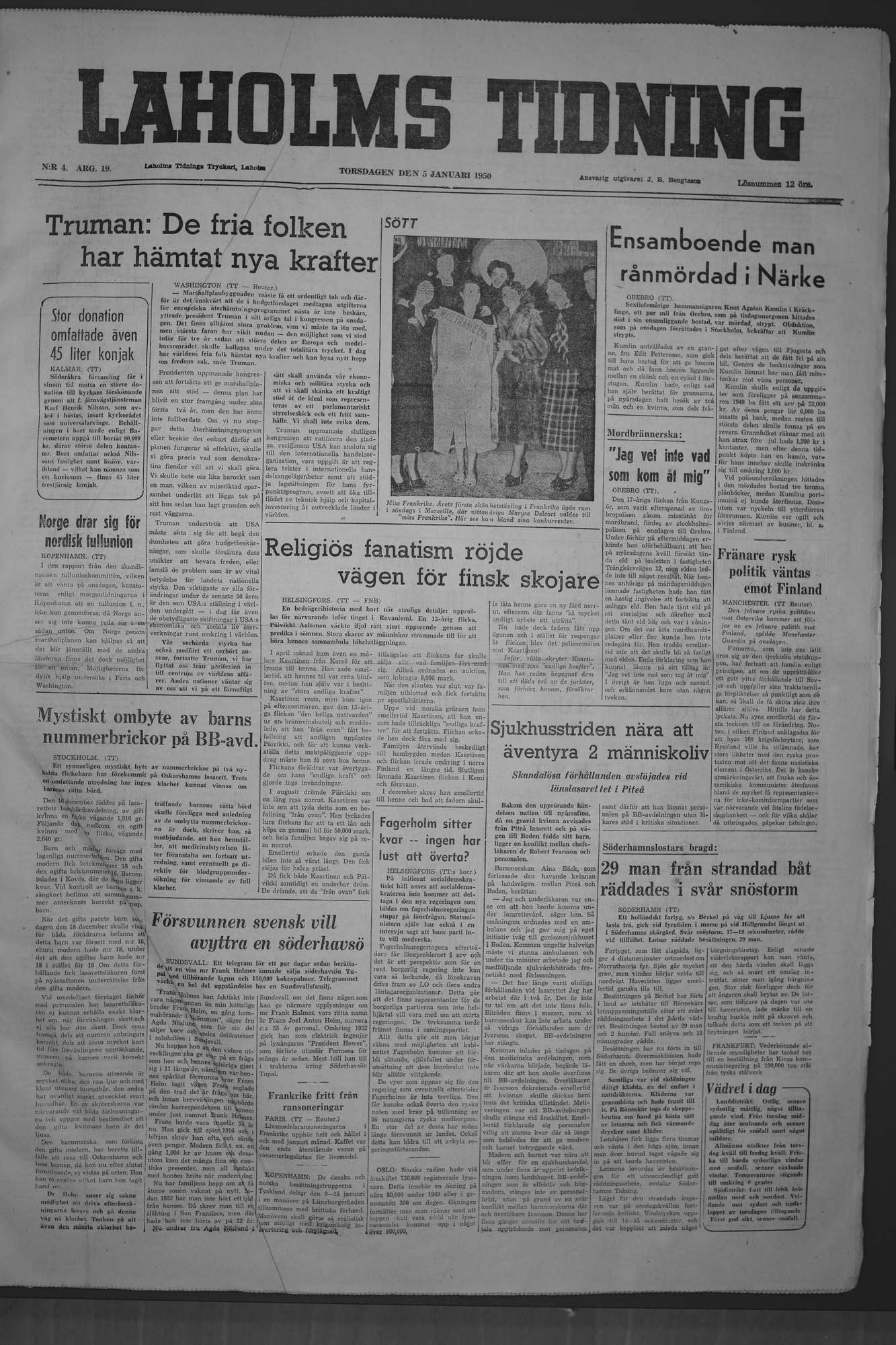 Laholms Tidning Torsdag 5 januari 1950, sida 1