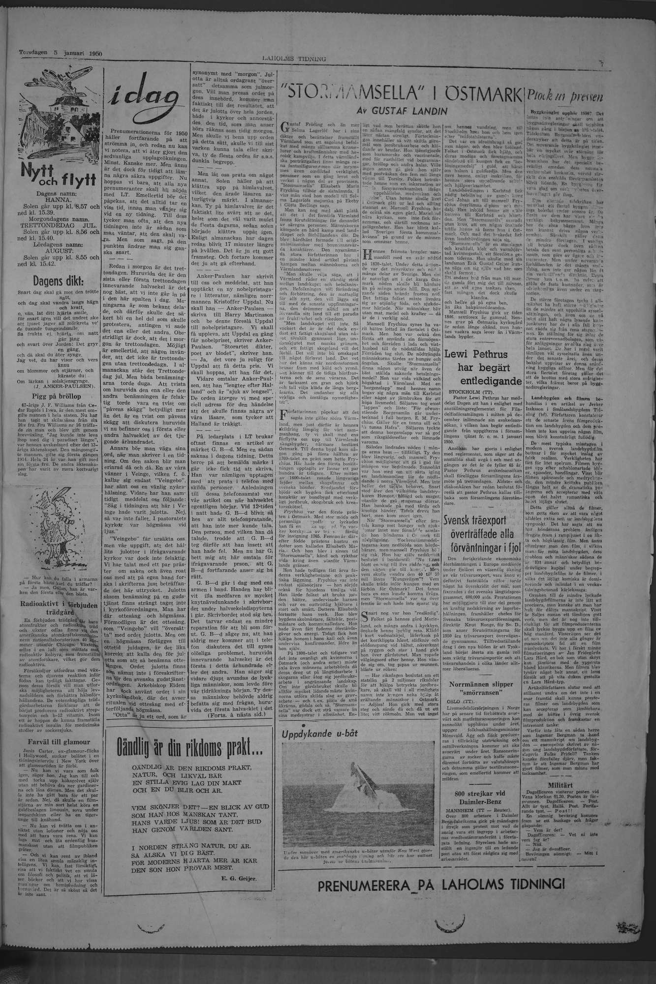 Laholms Tidning Torsdag 5 januari 1950, sida 7