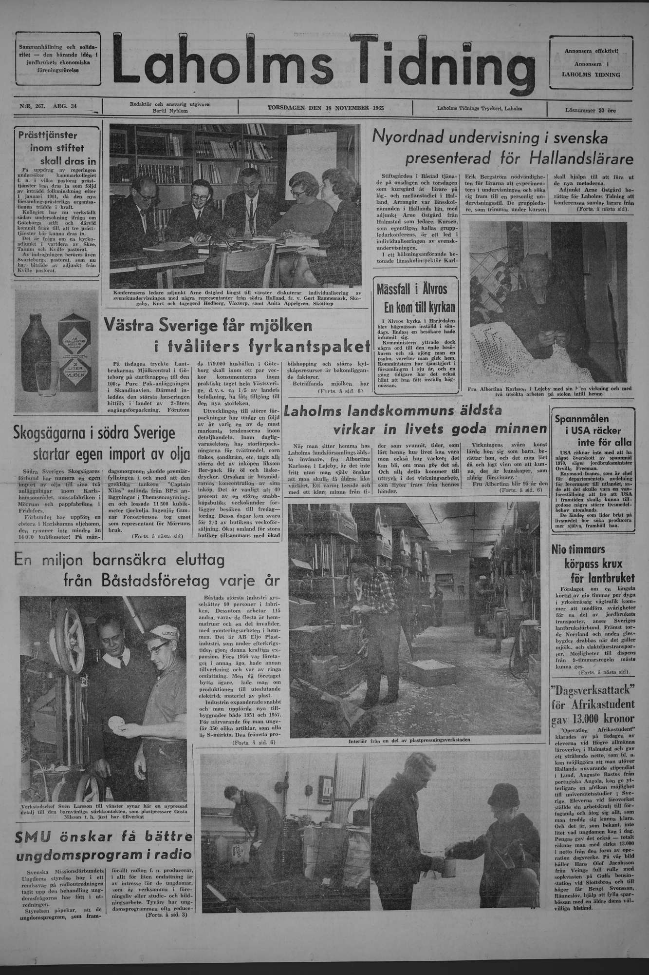 Laholms Tidning Torsdag 18 november 1965, sida 1