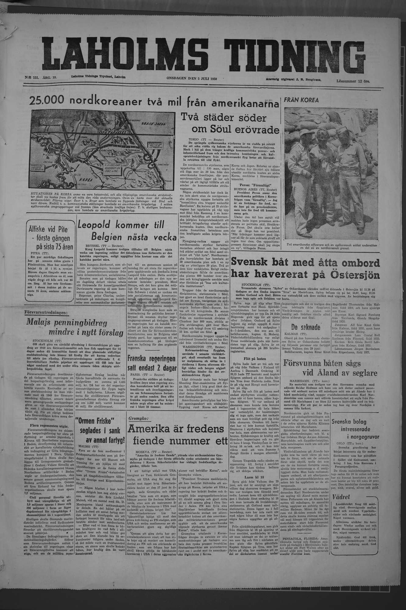 Laholms Tidning Onsdag 5 juli 1950, sida 1