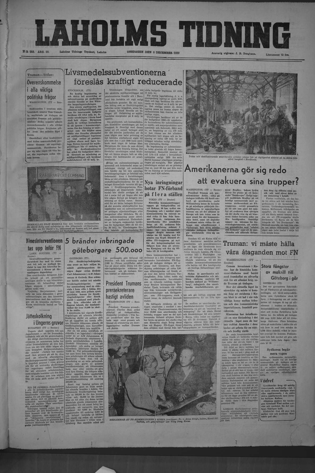 Laholms Tidning Onsdag 6 december 1950, sida 1