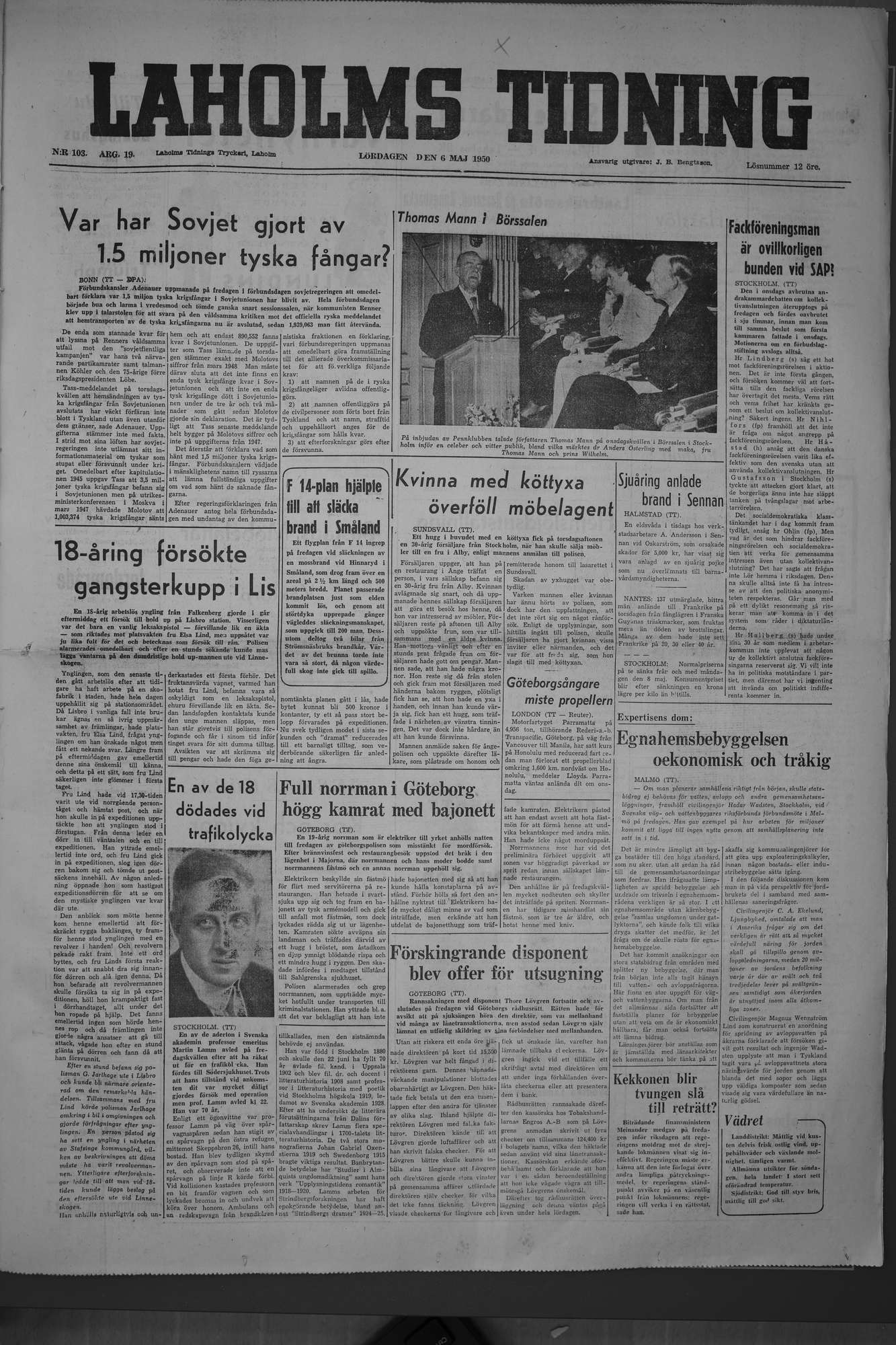 Laholms Tidning Lördag 6 maj 1950, sida 1