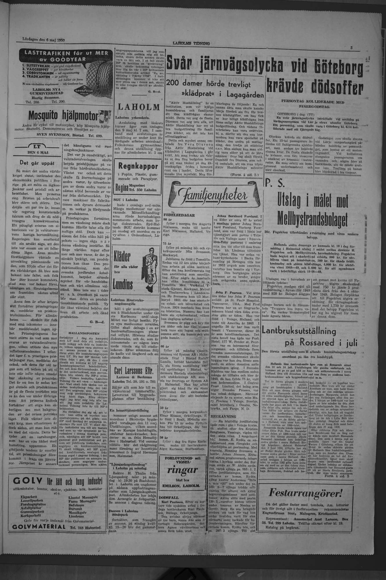 Laholms Tidning Lördag 6 maj 1950, sida 3
