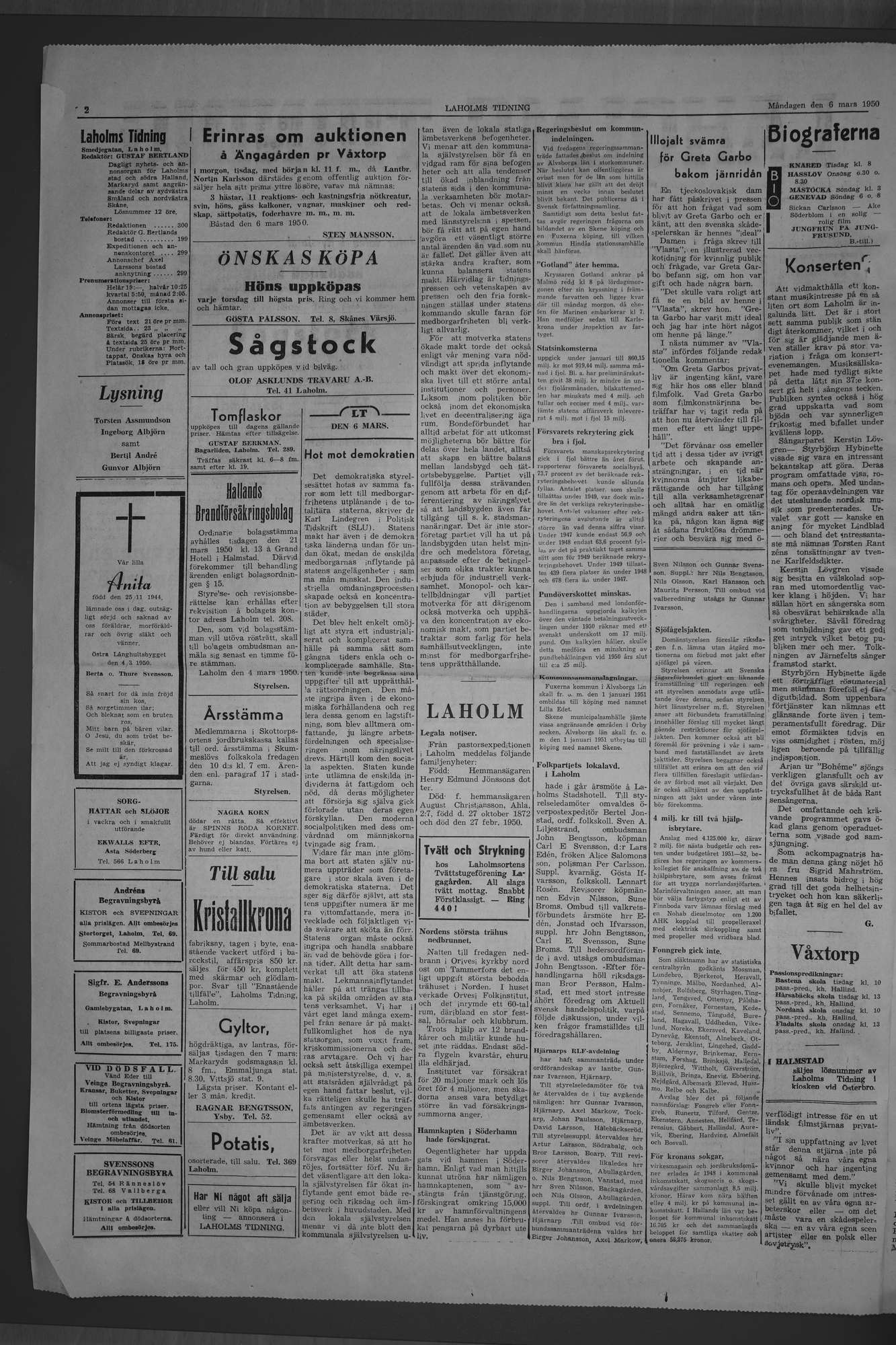 Laholms Tidning Måndag 6 mars 1950, sida 2