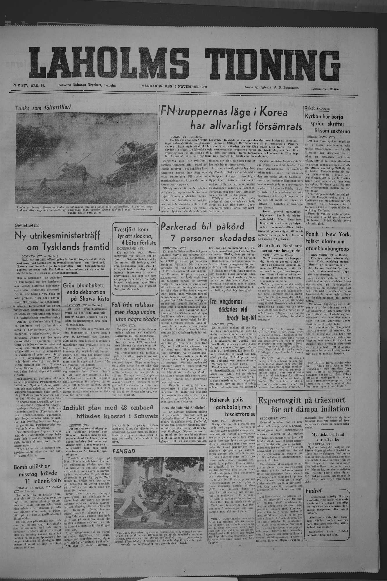 Laholms Tidning Måndag 6 november 1950, sida 1