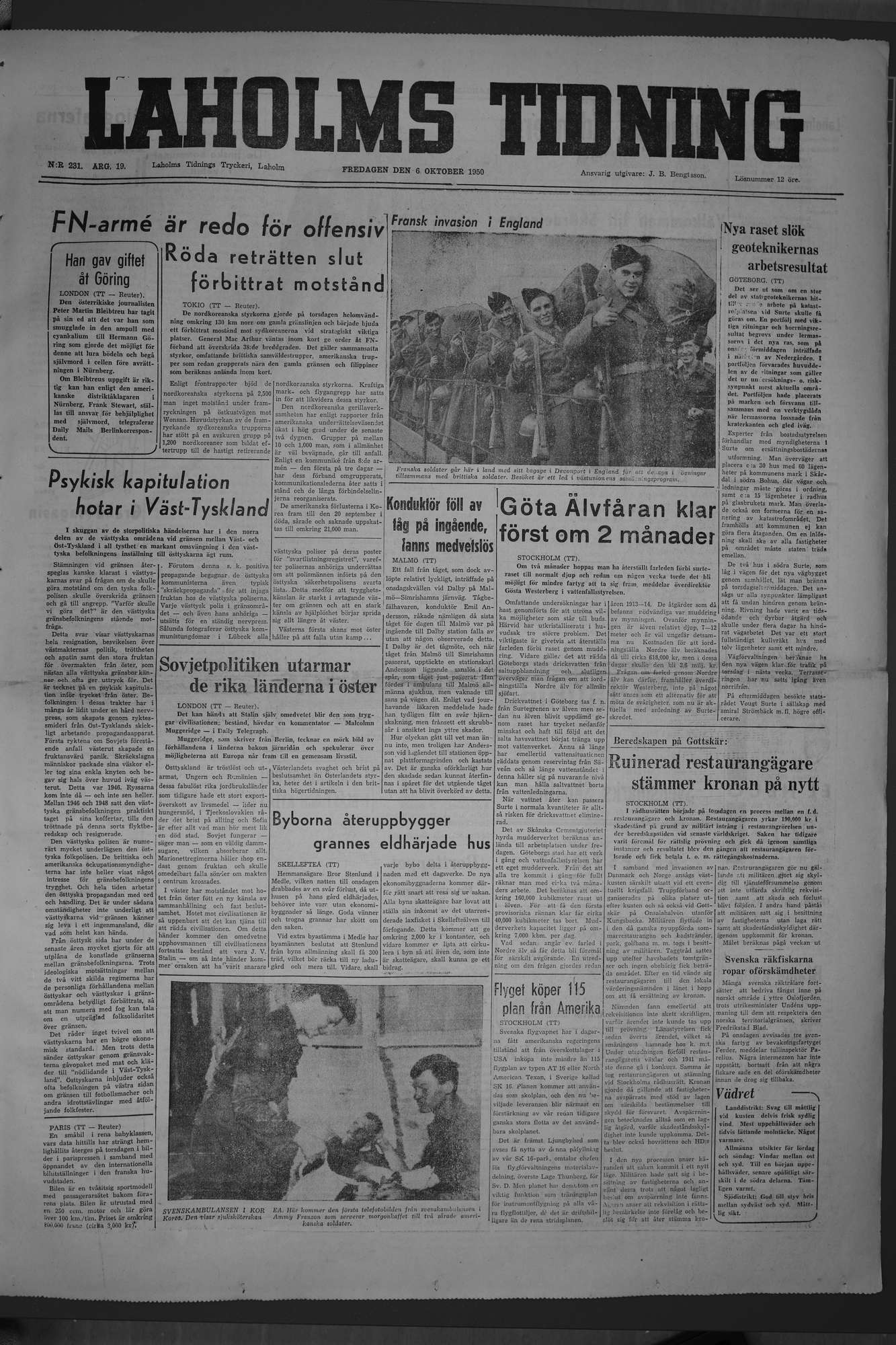 Laholms Tidning Fredag 6 oktober 1950, sida 1