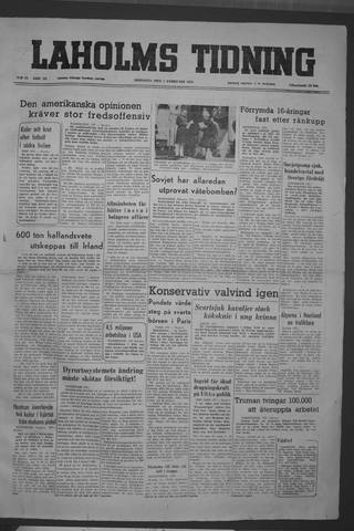 Förstasidan, Tisdag 7 februari 1950