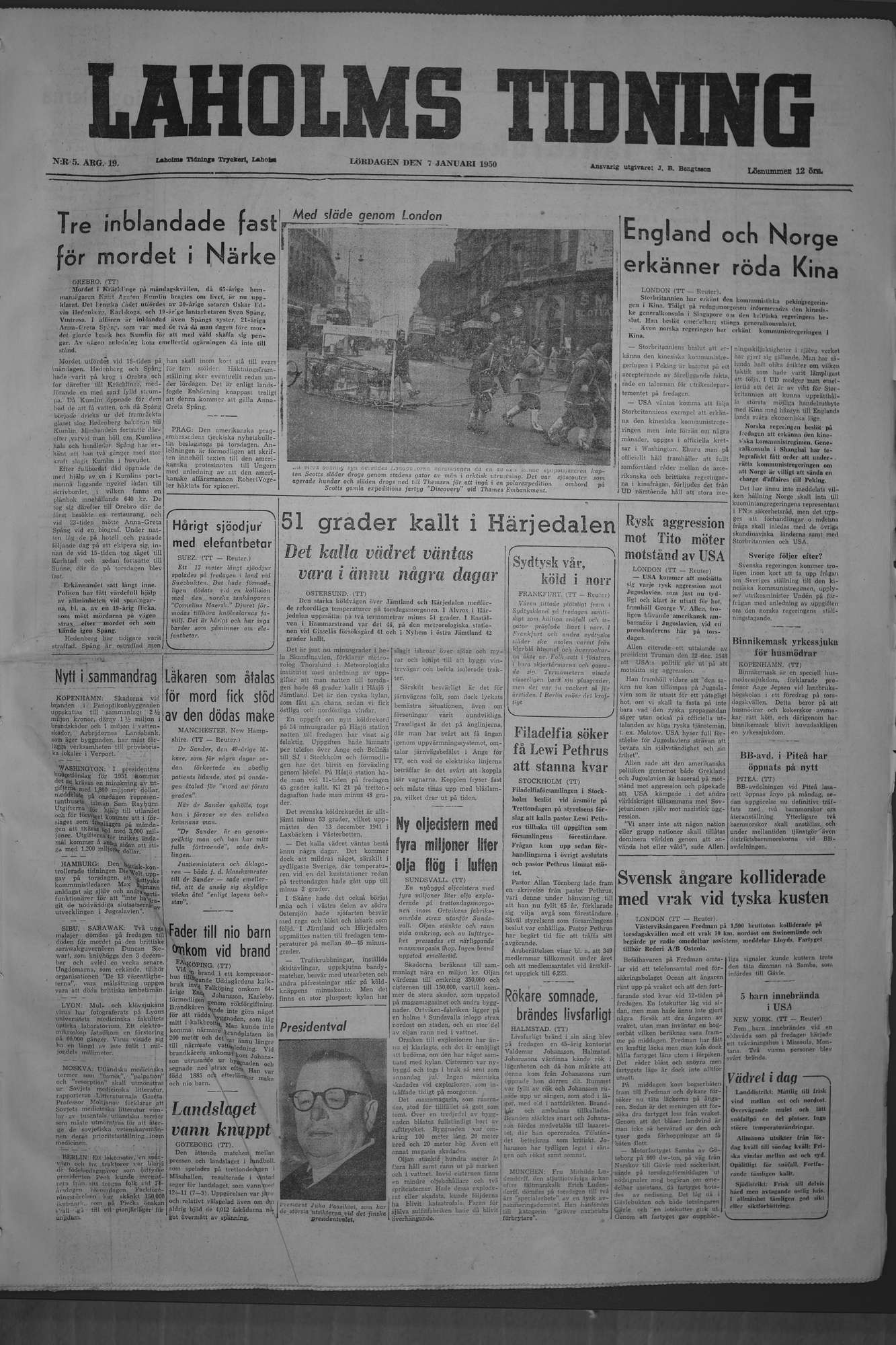 Laholms Tidning Lördag 7 januari 1950, sida 1
