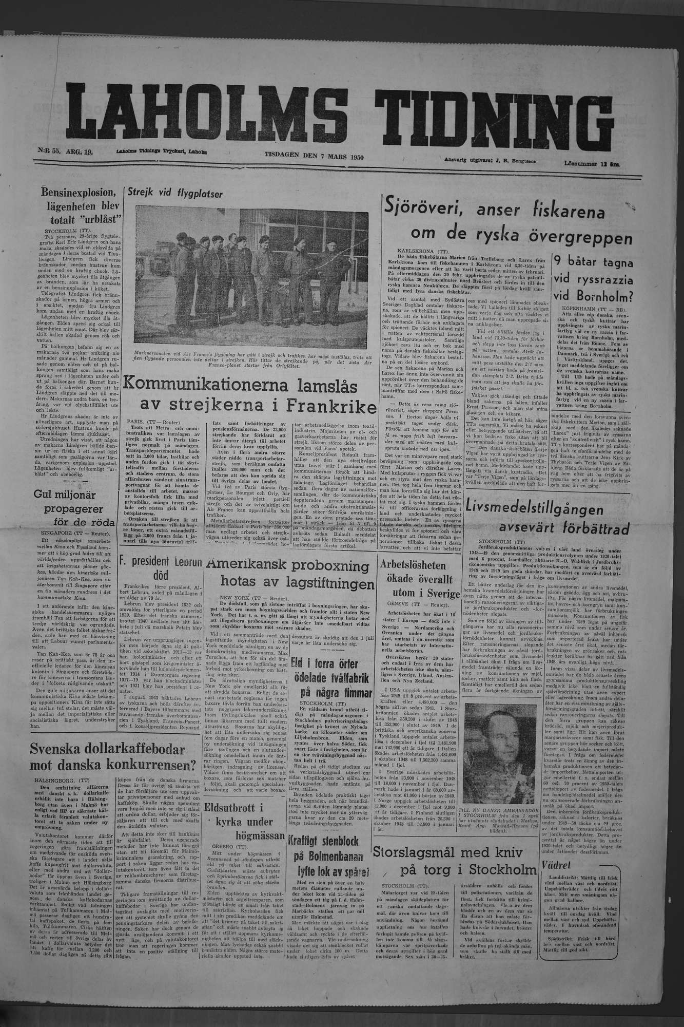 Laholms Tidning Tisdag 7 mars 1950, sida 1