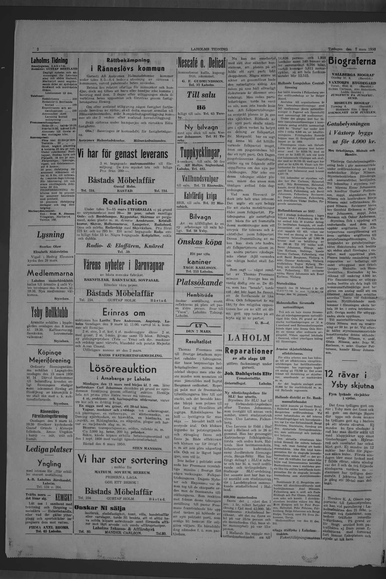 Laholms Tidning Tisdag 7 mars 1950, sida 2