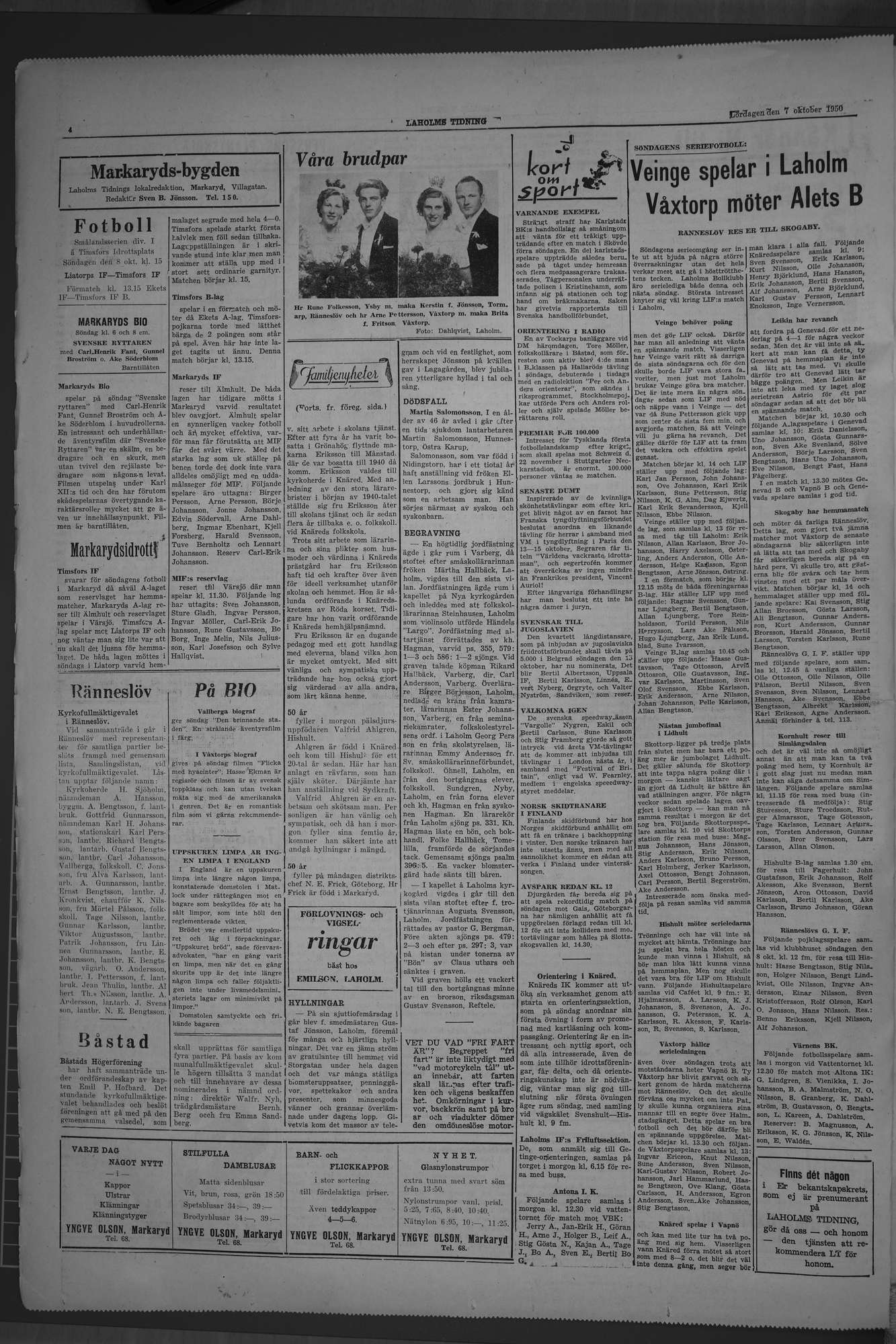 Laholms Tidning Lördag 7 oktober 1950, sida 4