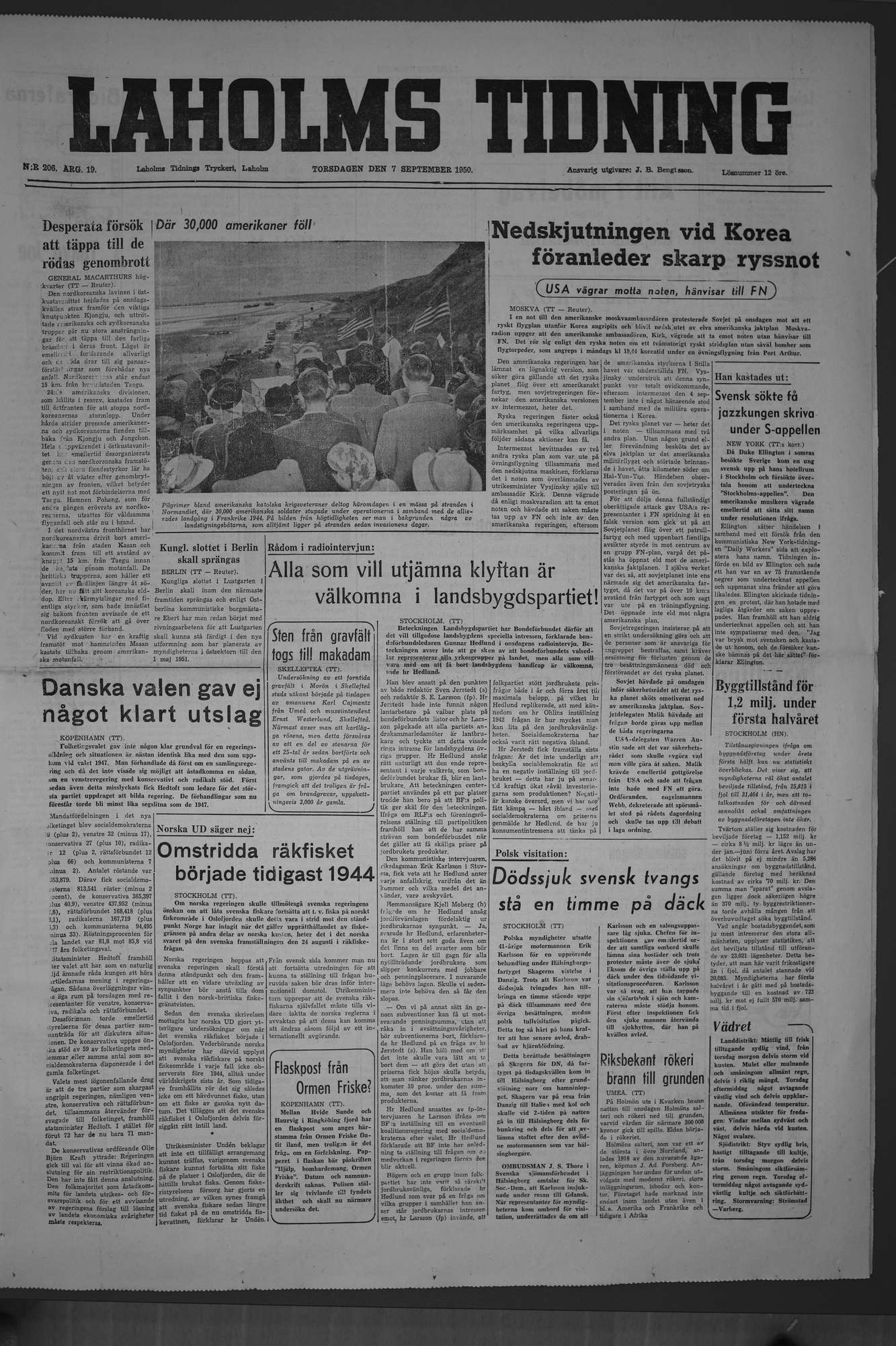 Laholms Tidning Torsdag 7 september 1950, sida 1