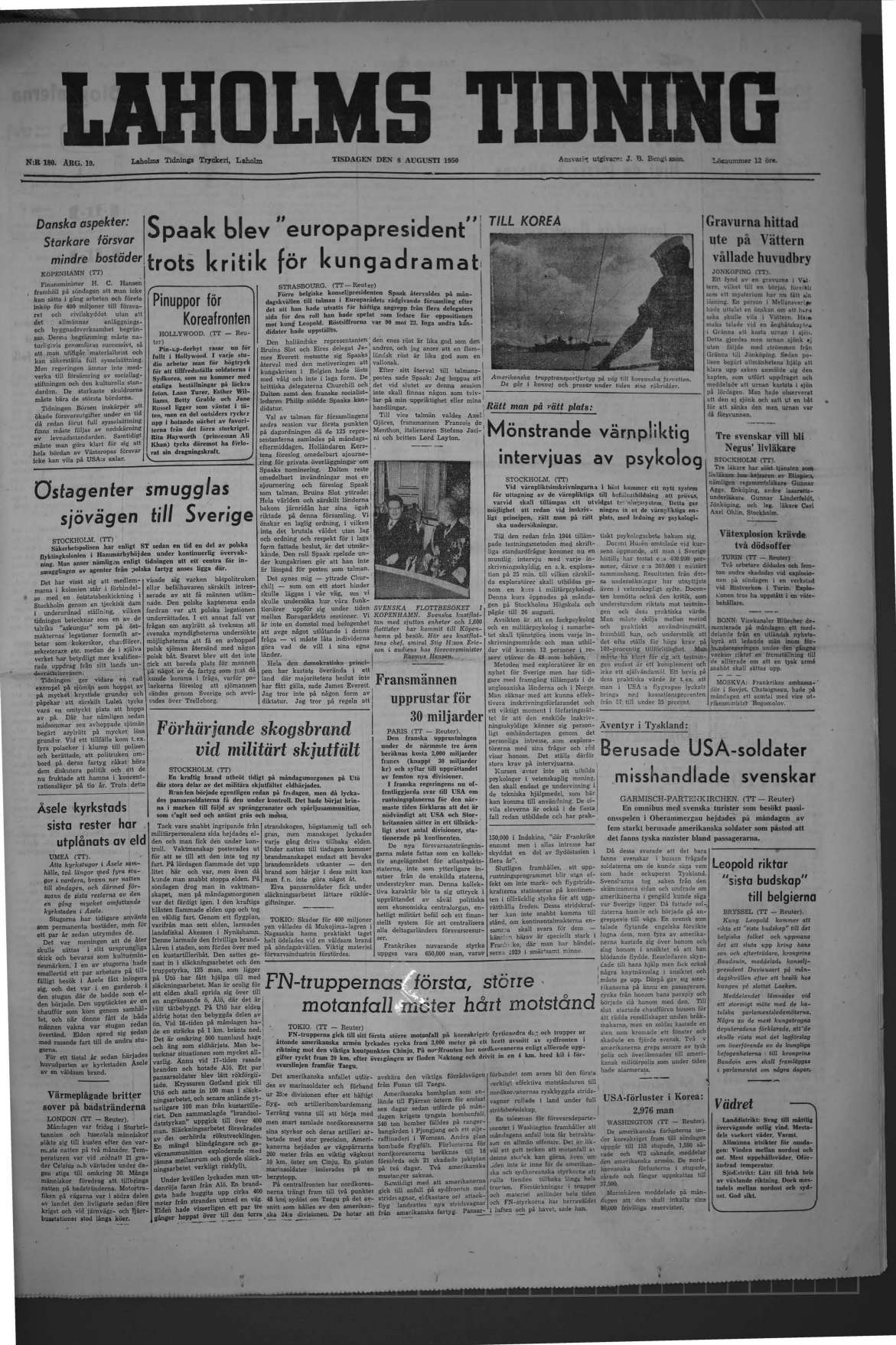 Laholms Tidning Tisdag 8 augusti 1950, sida 1