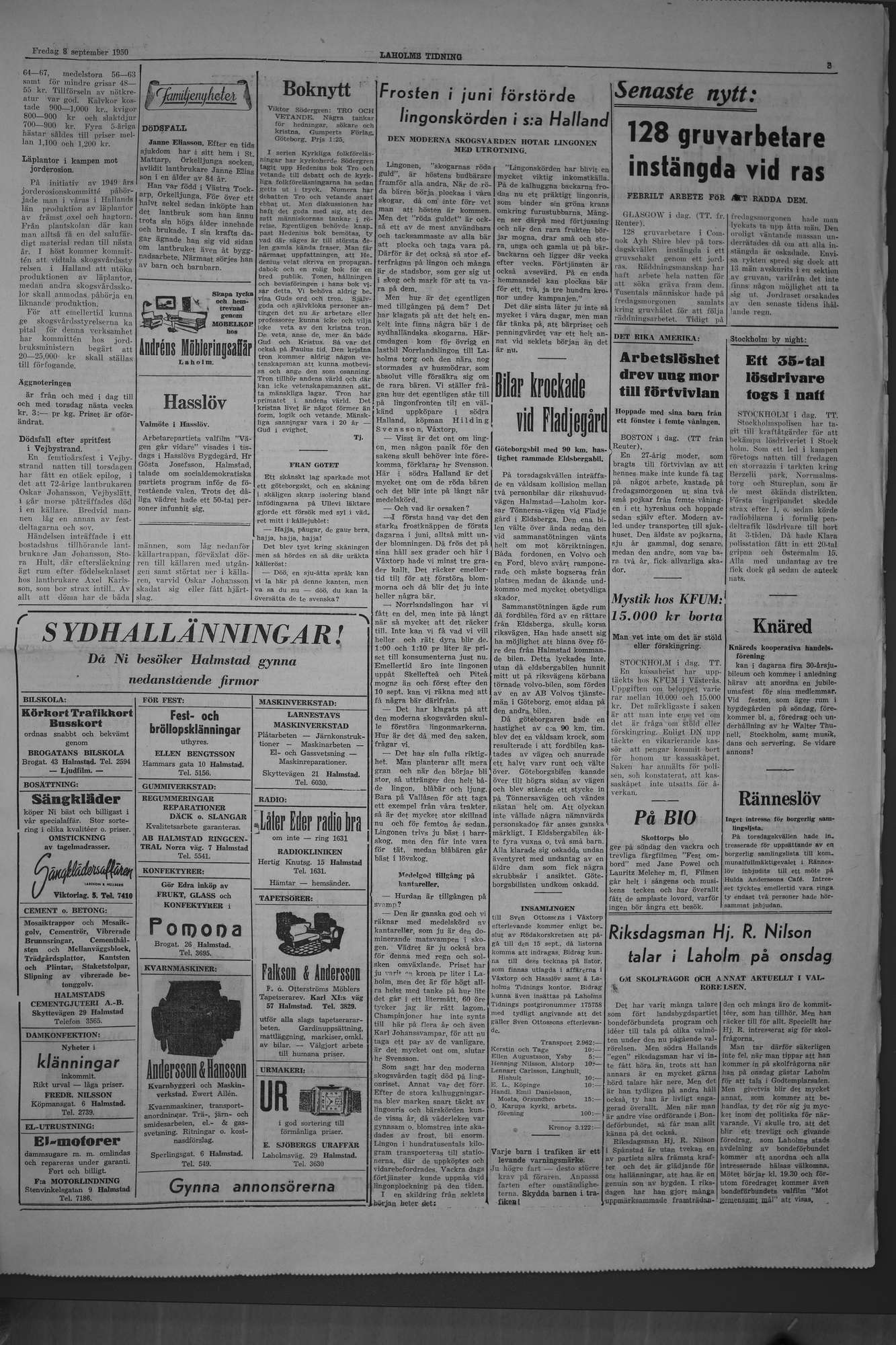 Laholms Tidning Fredag 8 september 1950, sida 3
